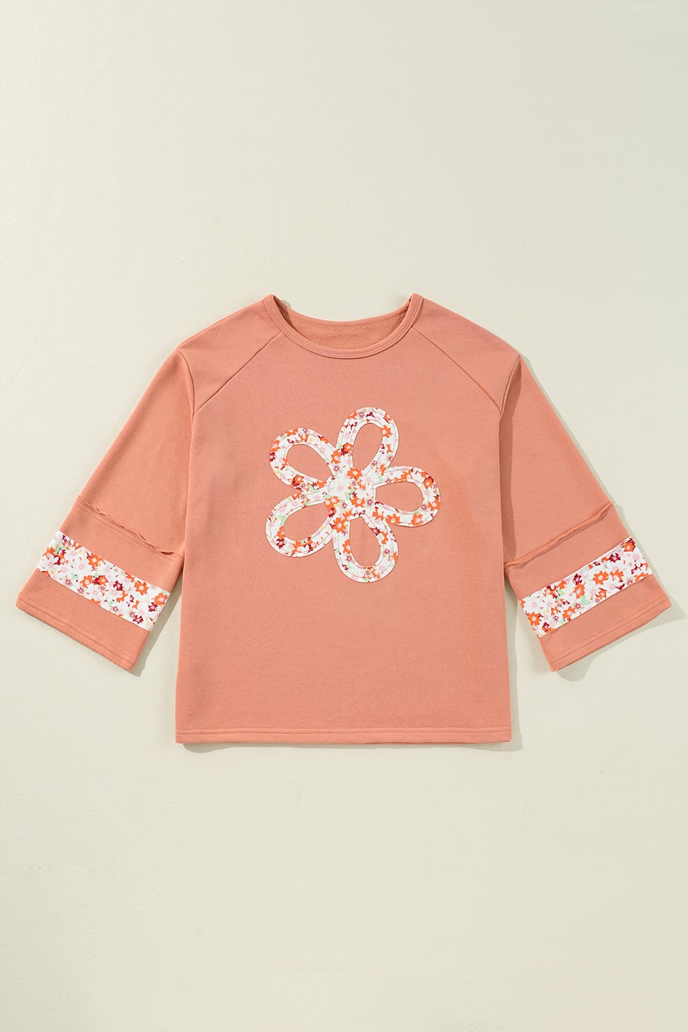 Grapefruit Orange Flower Patch Graphic Exposed Seam Wide Sleeve Top