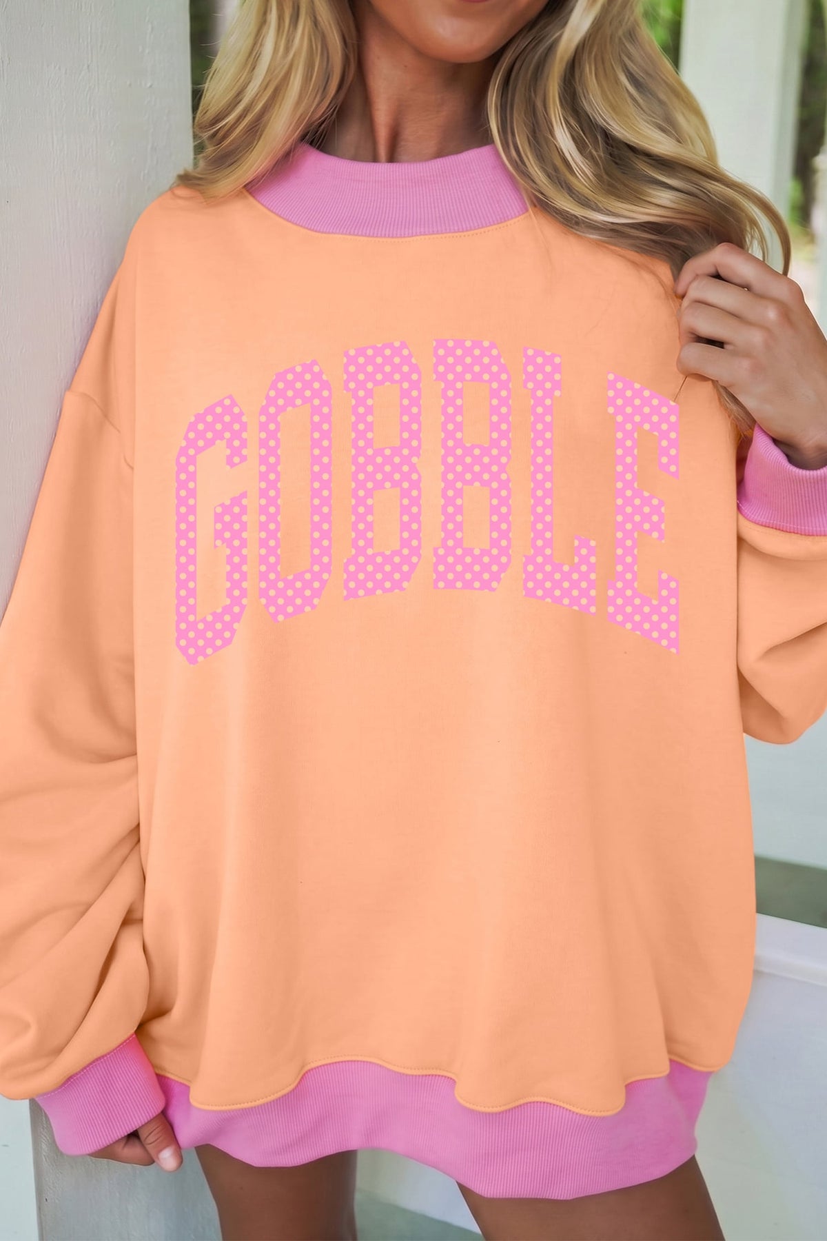 Grapefruit Orange Polka Dot GOBBLE Lettering Contrast Mock Neck Pullover Sweatshirt