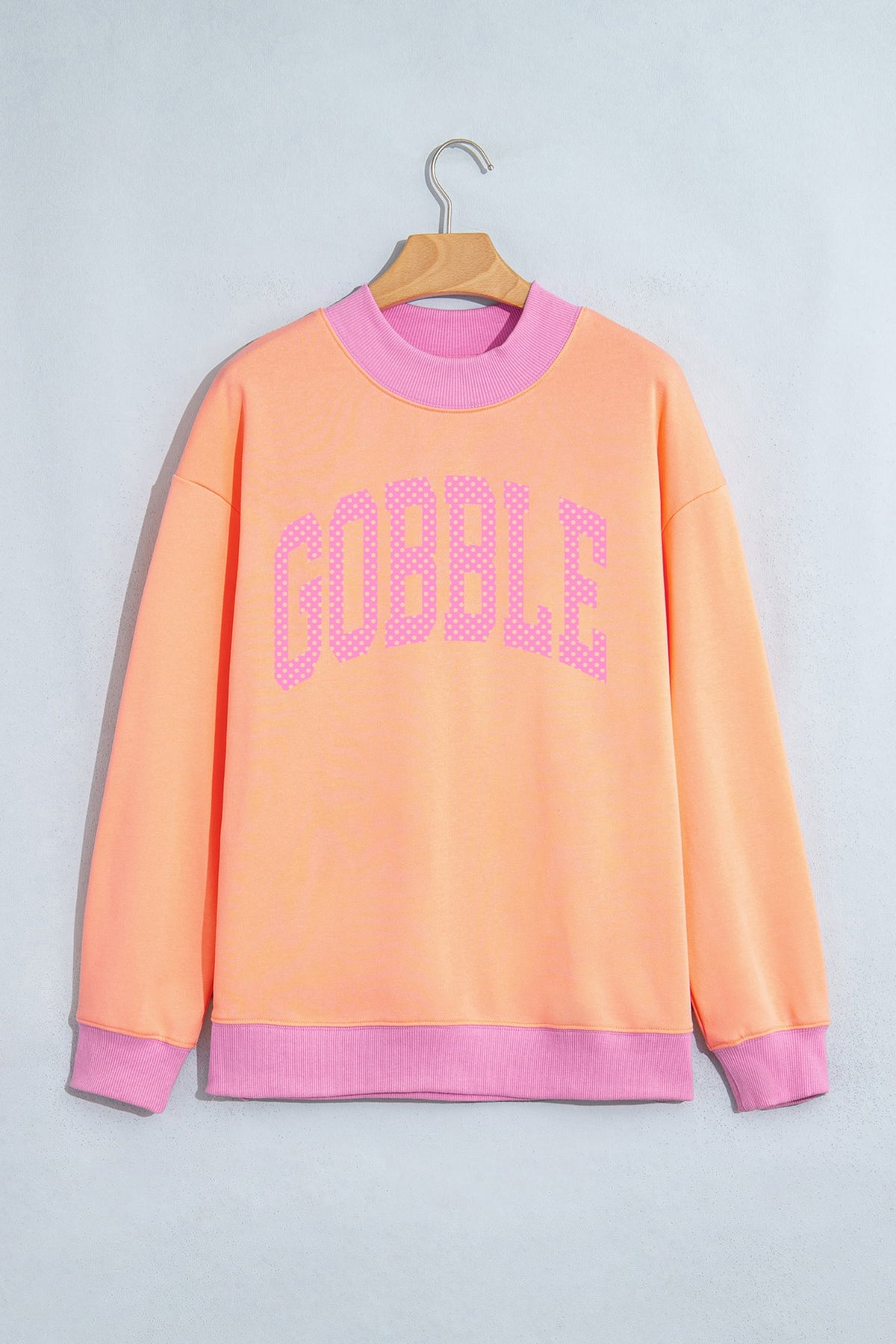 Grapefruit Orange Polka Dot GOBBLE Lettering Contrast Mock Neck Pullover Sweatshirt