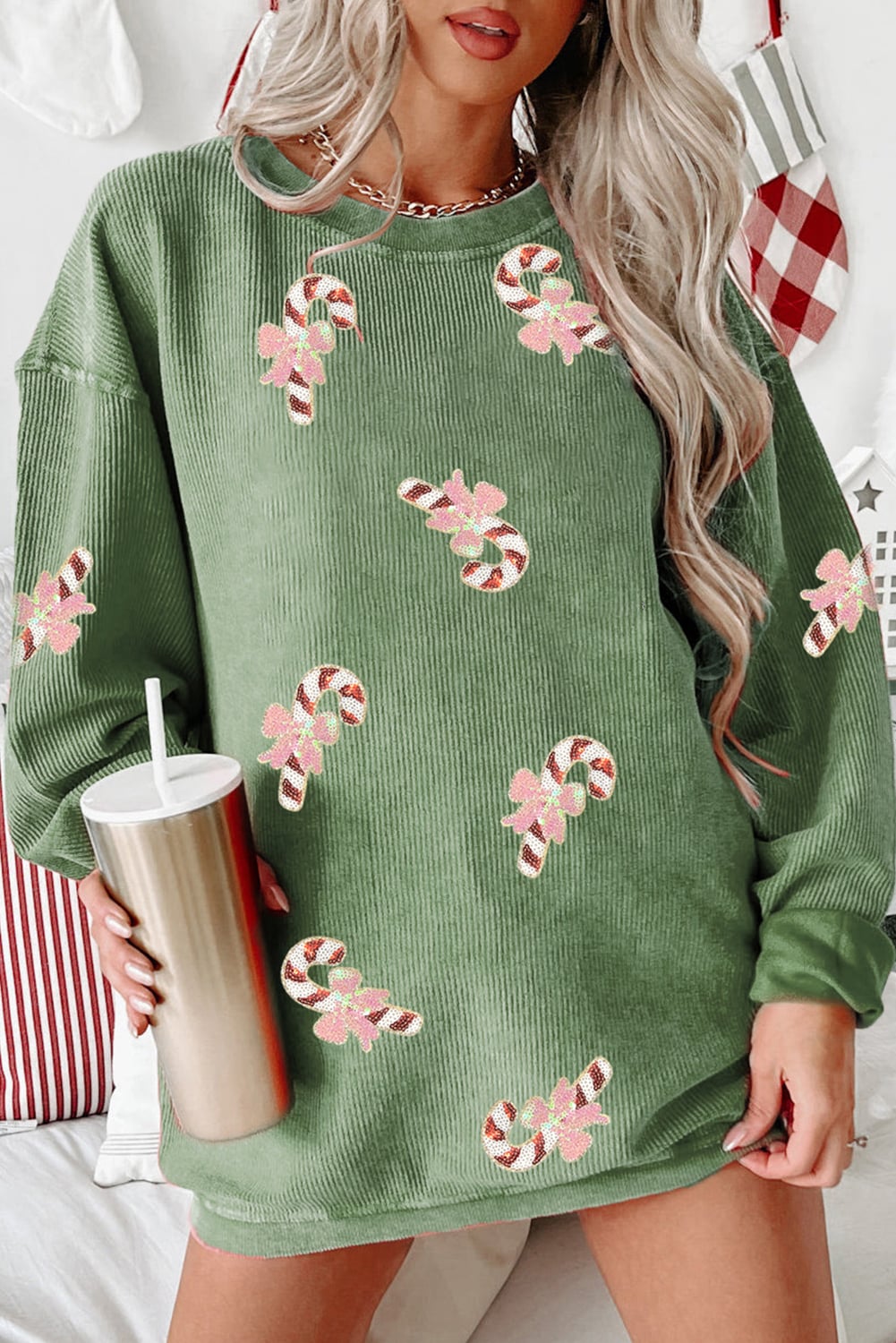 Grass Green Christmas Sequin Candy Cane Patched Corded Ribbed Baggy Sweatshirt