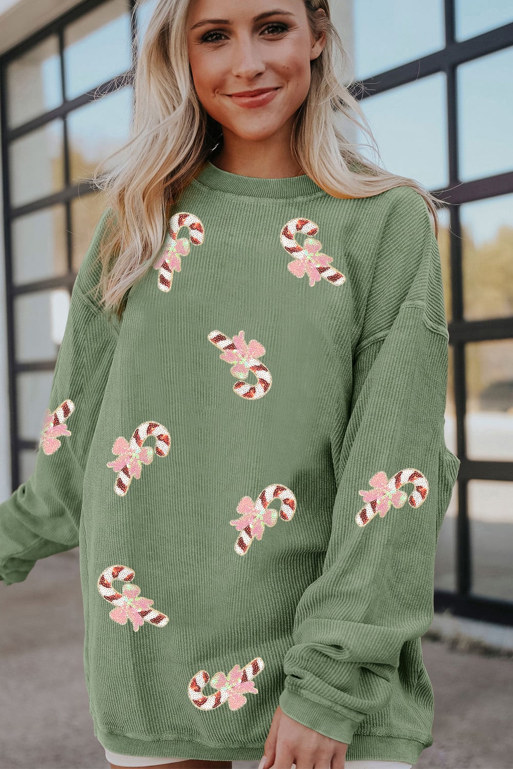 Grass Green Christmas Sequin Candy Cane Patched Corded Ribbed Baggy Sweatshirt