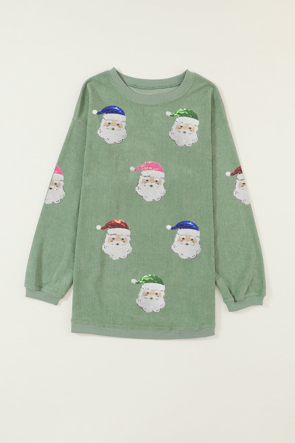 Grass Green Corded Ribbed Sequin Patched Santa Claus Graphic Sweatshirt