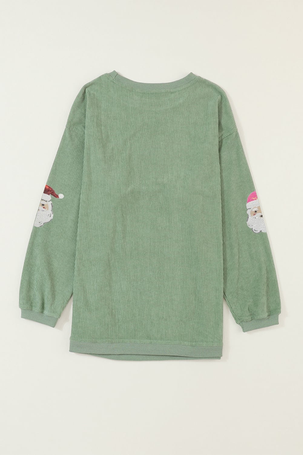 Grass Green Corded Ribbed Sequin Patched Santa Claus Graphic Sweatshirt