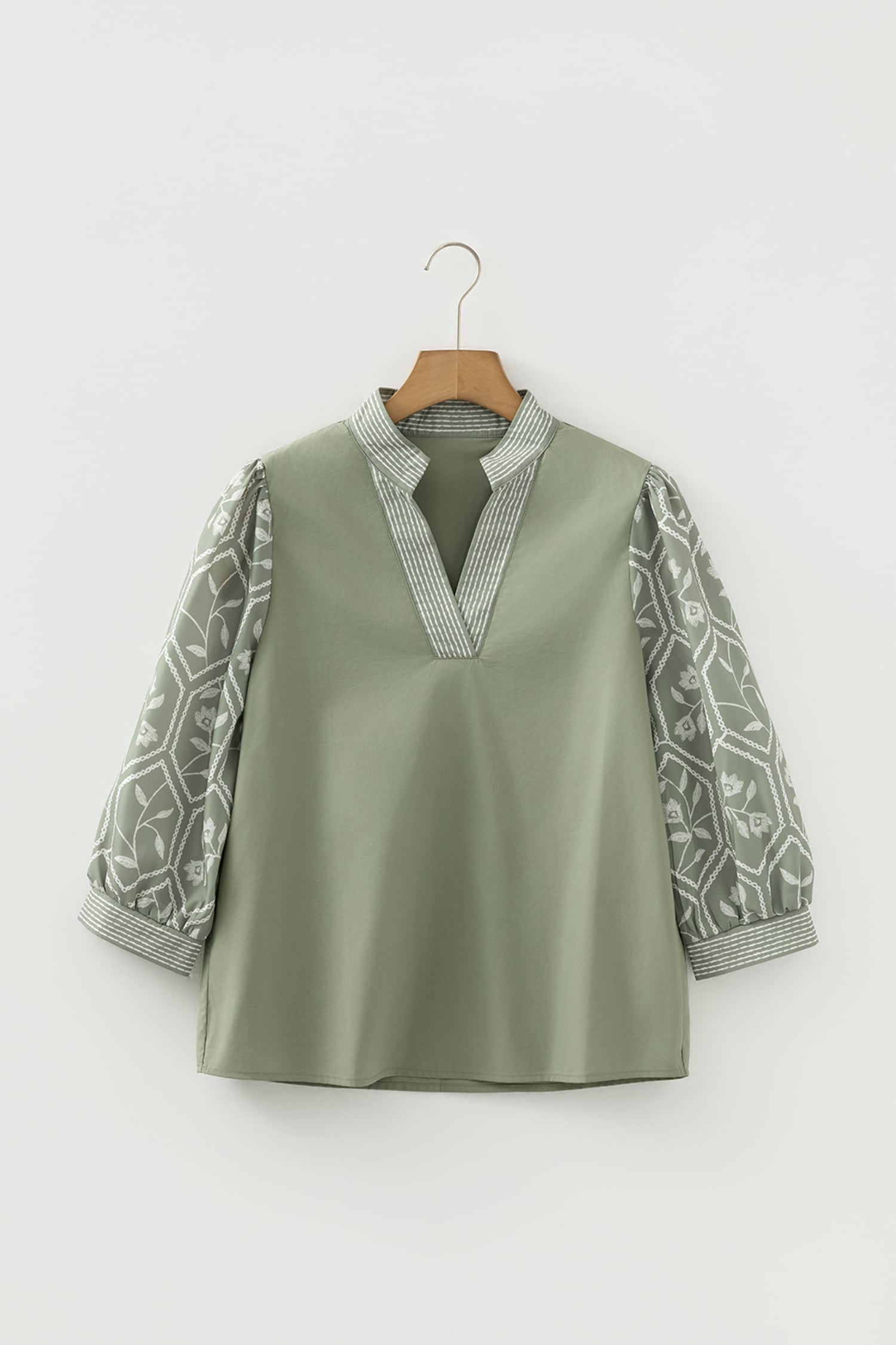 Grass Green Floral Puff Sleeve Contrast V Neck Patchwork Blouse