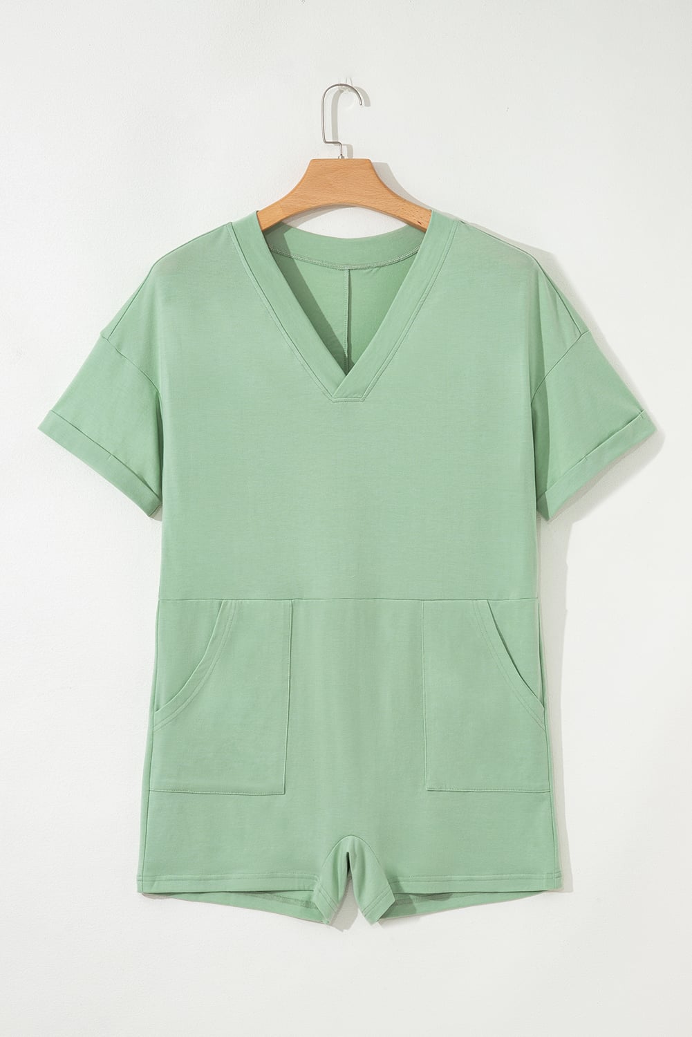 Grass Green Loose Half Sleeve V Neck Knit Romper