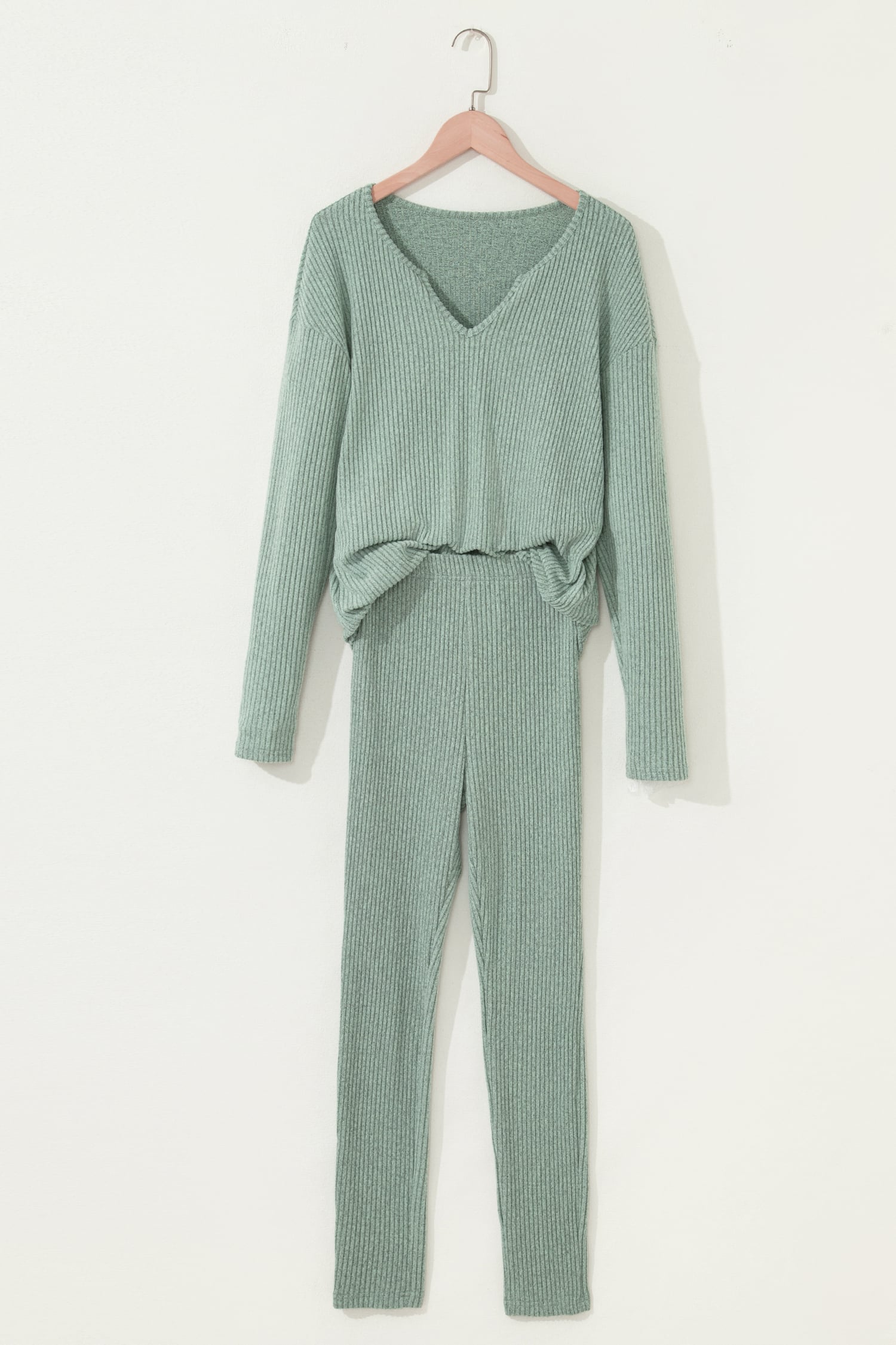 Grass Green Ribbed Notched Neck Knit Long Sleeve Leggings Two Pieces Lounge Set