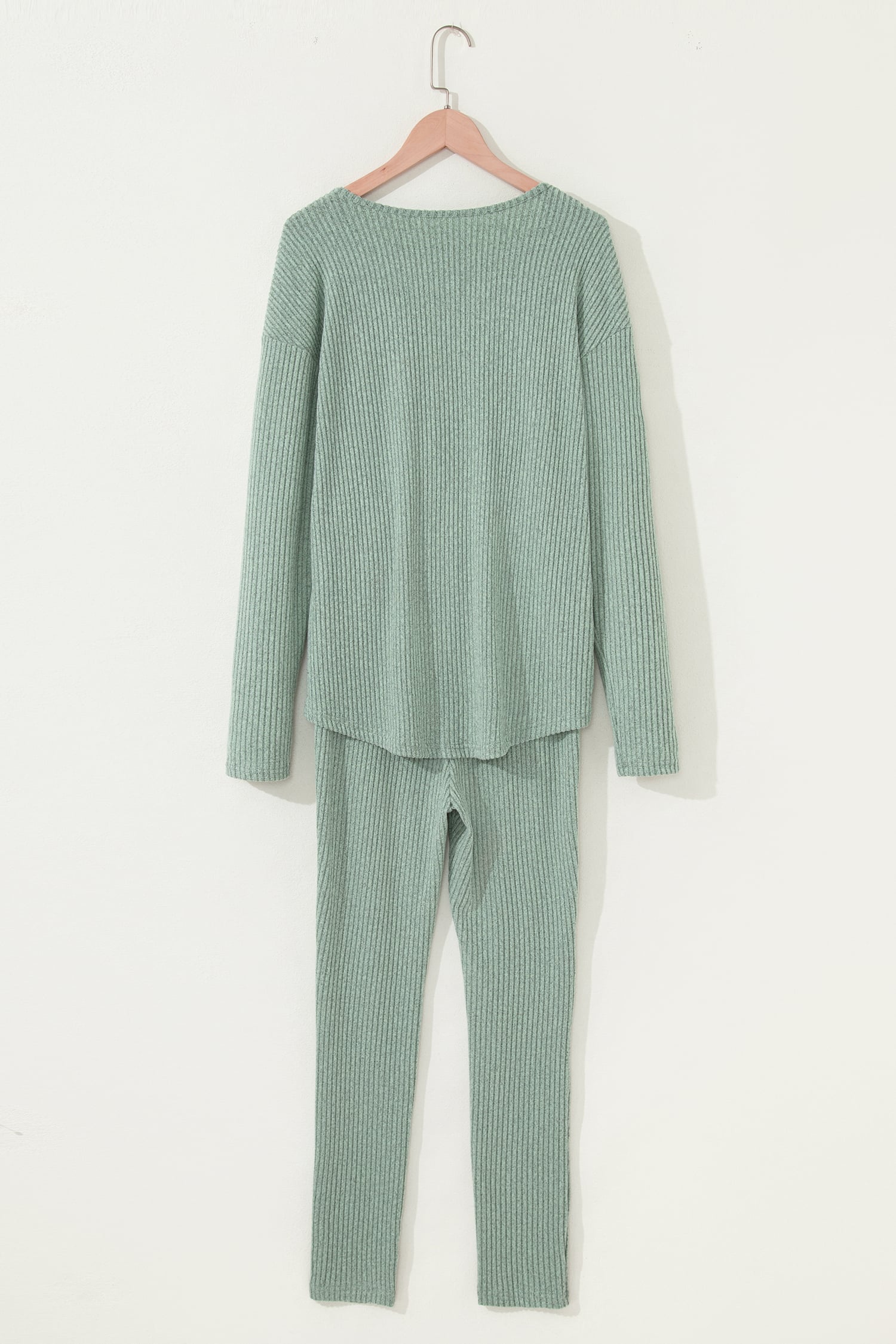 Grass Green Ribbed Notched Neck Knit Long Sleeve Leggings Two Pieces Lounge Set