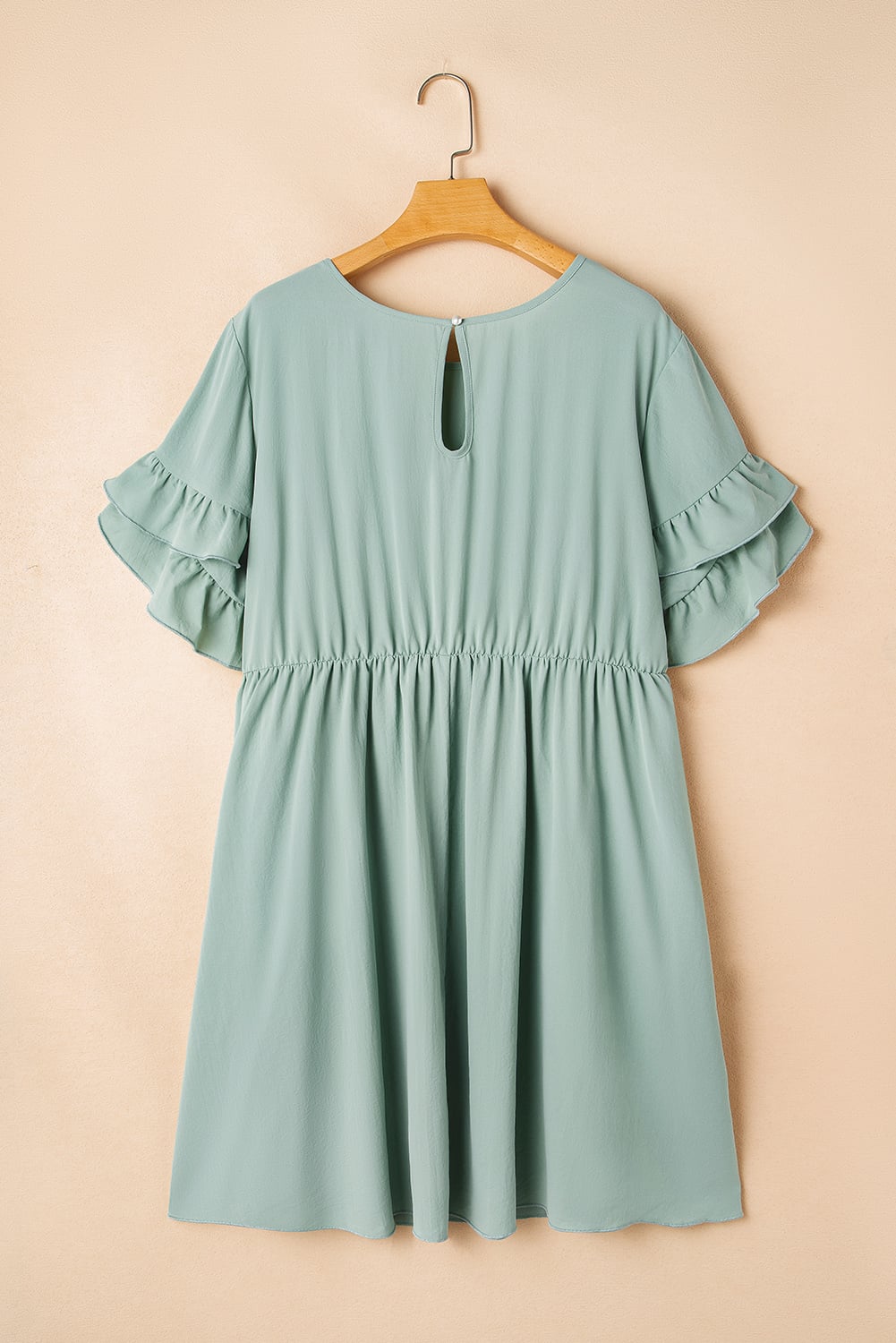 Grass Green Ruffle Trim Short Sleeve Plus Size Flared Mini Dress