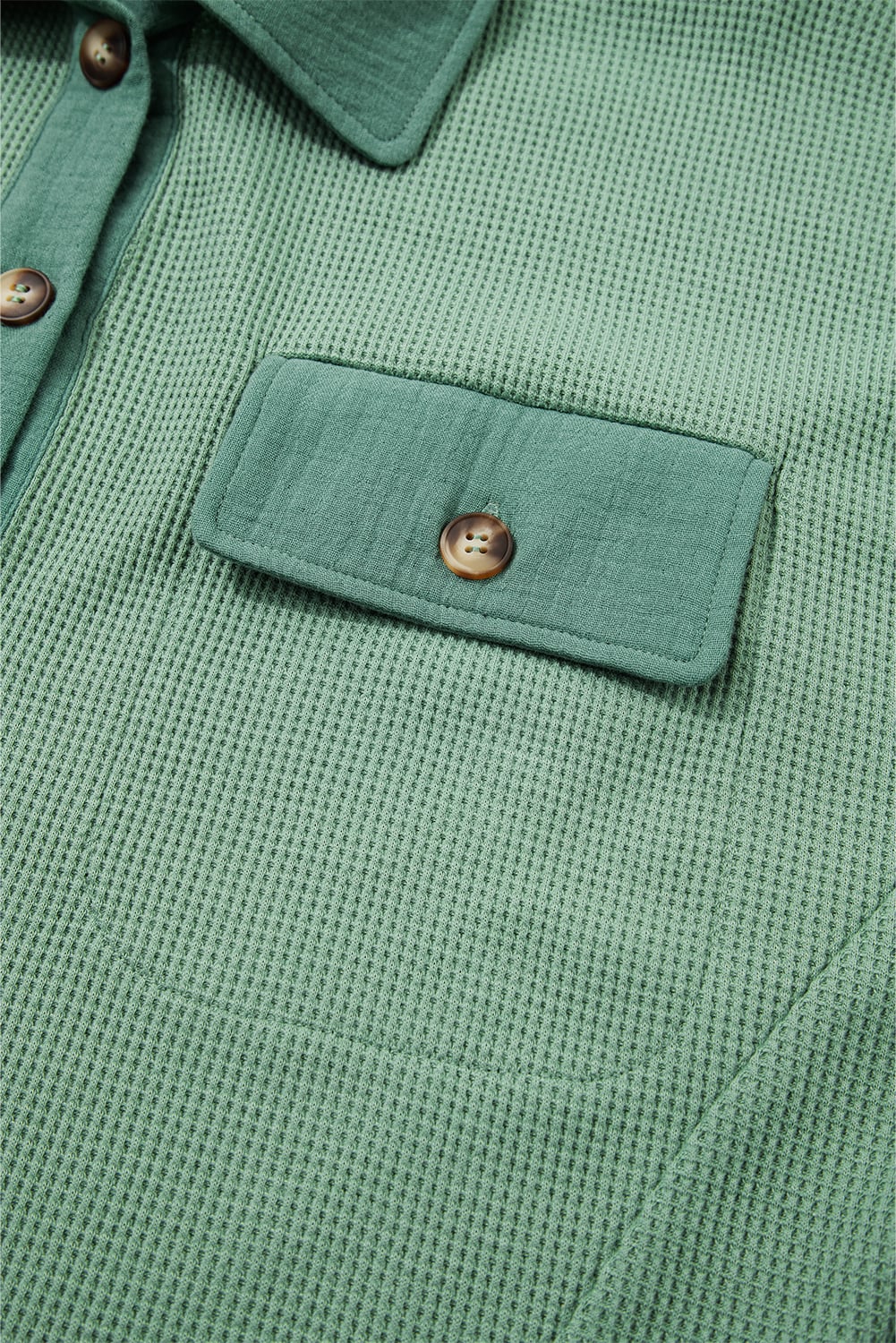 Grass Green Waffle Knit Vintage Patchwork Button Up Loose Shirt