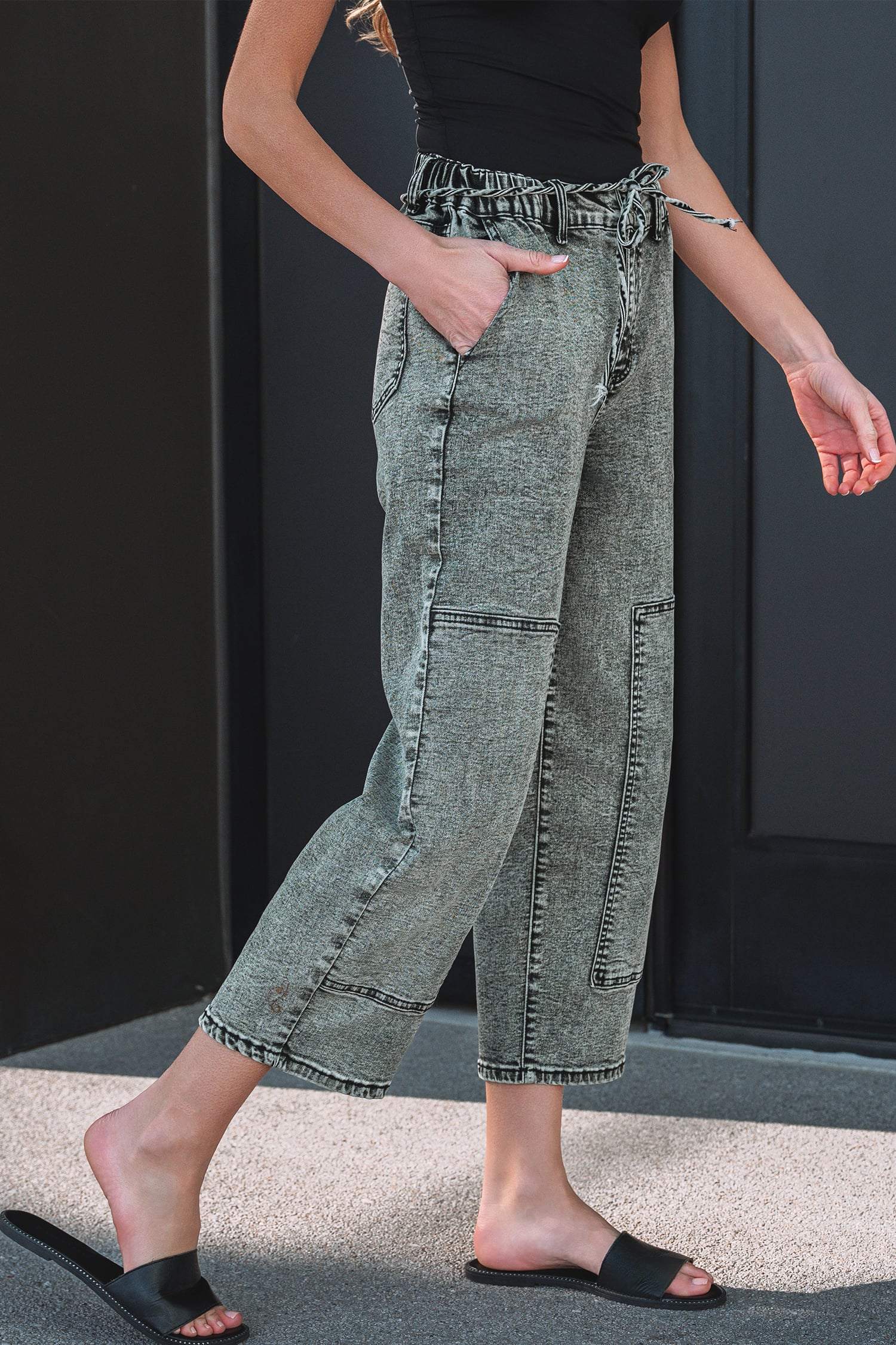 Gray Acid Wash Tie Waist Denim Pants