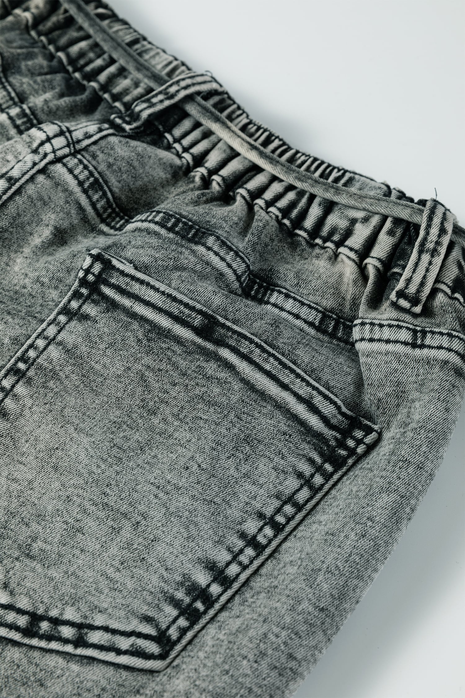 Gray Acid Wash Tie Waist Denim Pants