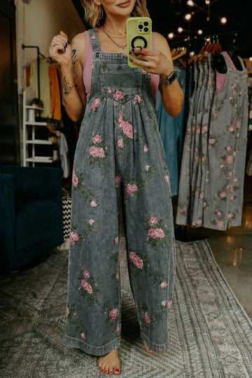 Gray Beau Floral Print Pleated High Waist Wide Leg Denim Jumpsuit