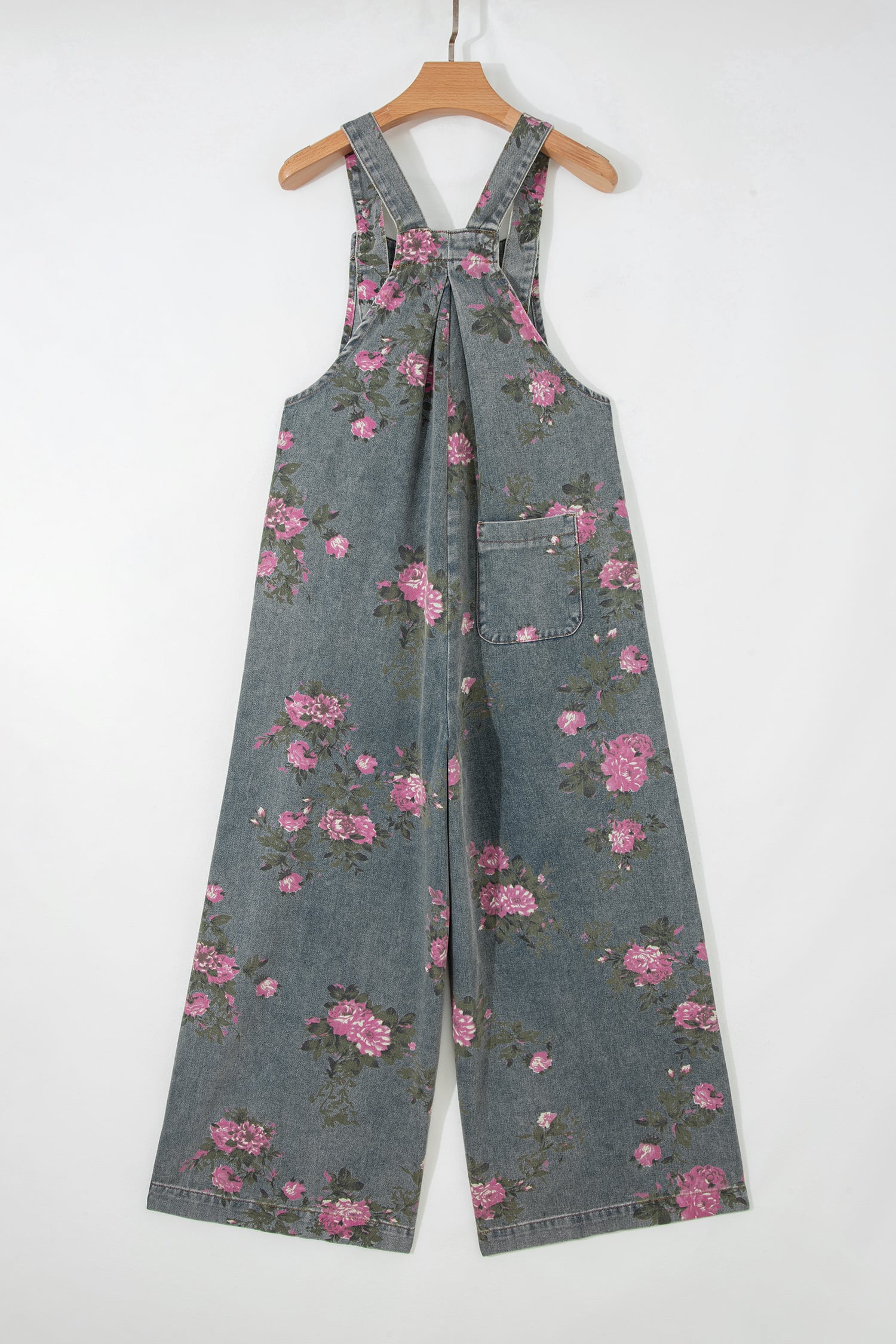 Gray Beau Floral Print Pleated High Waist Wide Leg Denim Jumpsuit