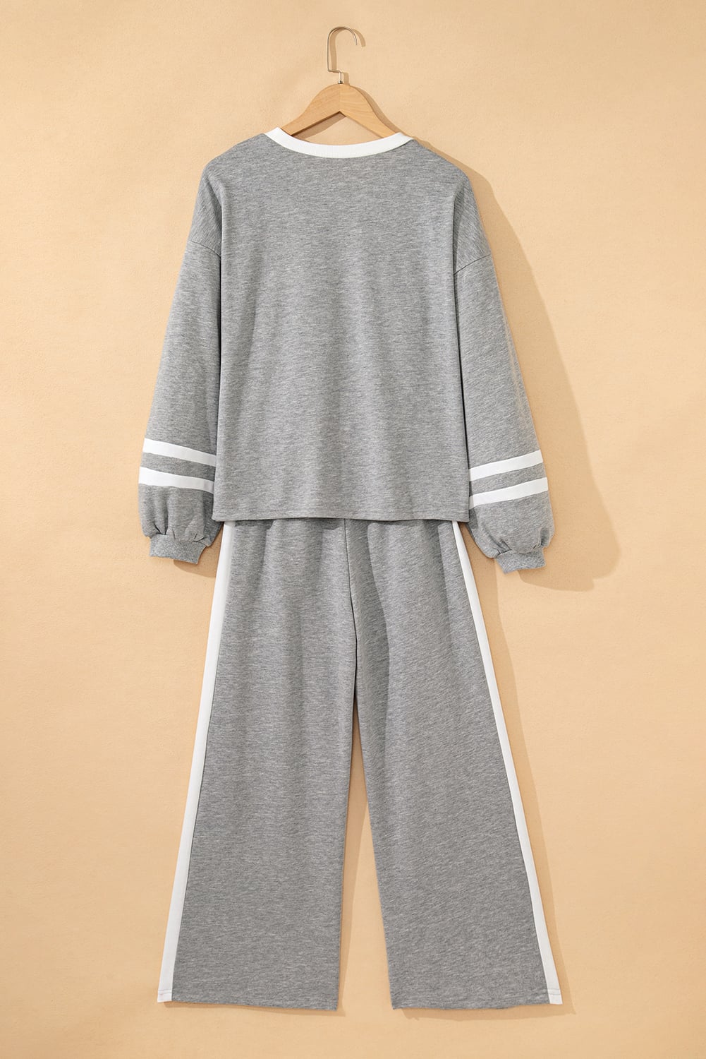 Gray Varsity Stripe Patchwork Puff Sleeve Pullover Drawstring Wide Leg Pant Set