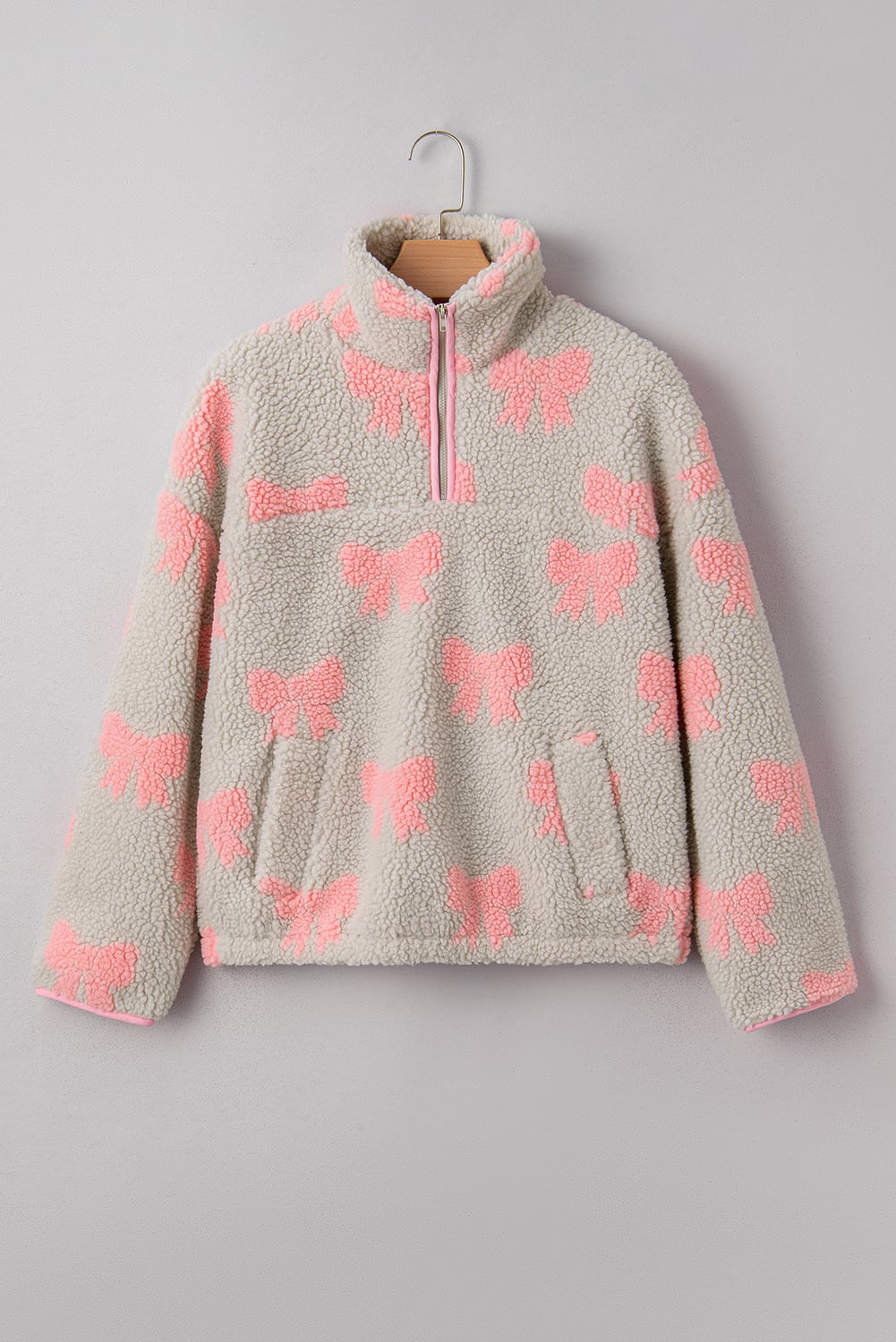 Gray Bow Sherpa Quarter Zip Drop Shoulder Baggy Sweatshirt