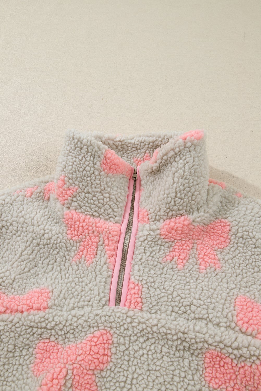 Gray Bow Sherpa Quarter Zip Drop Shoulder Baggy Sweatshirt