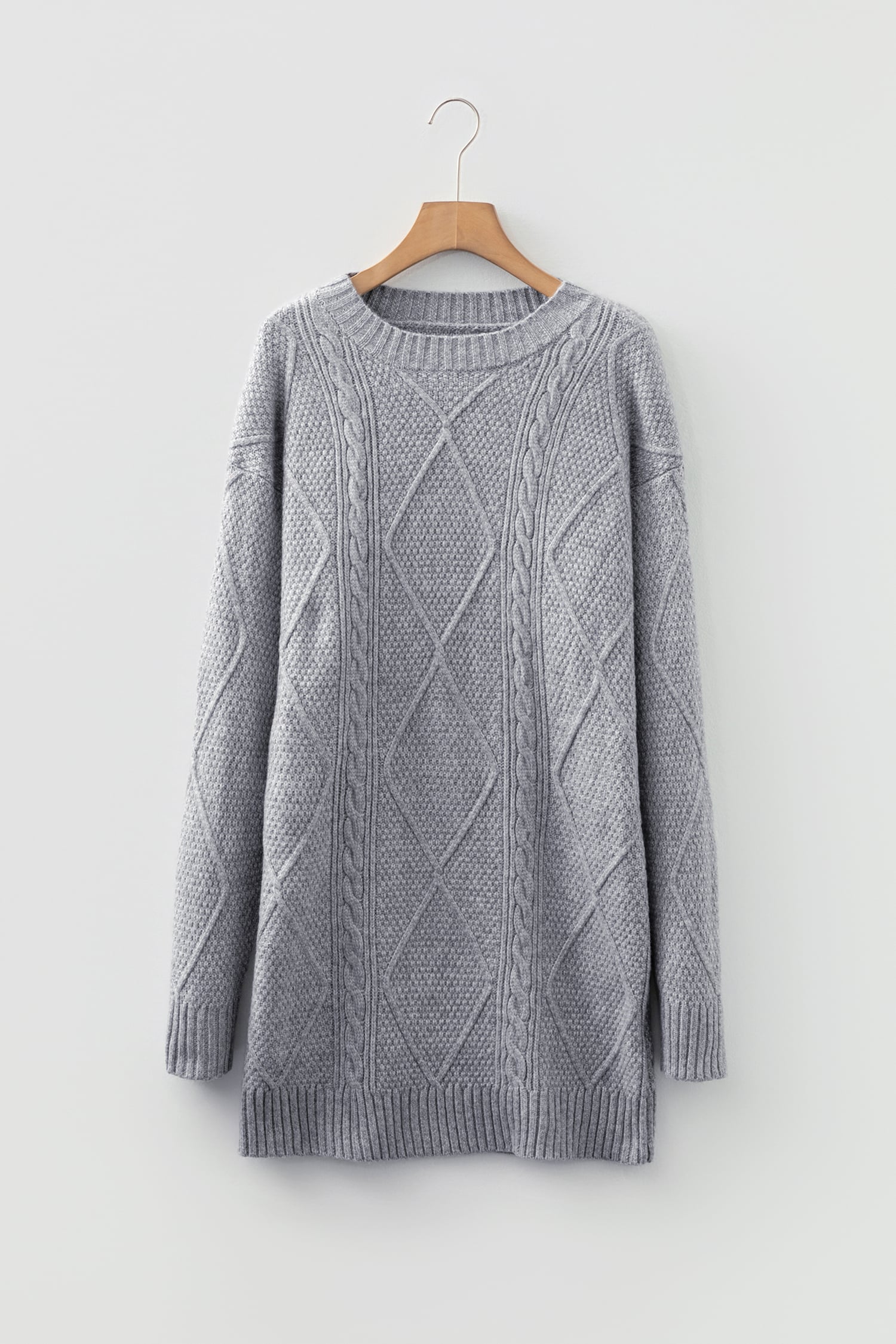 Gray Cable Knit Drop Shoulder Loose Fit Sweater Dress