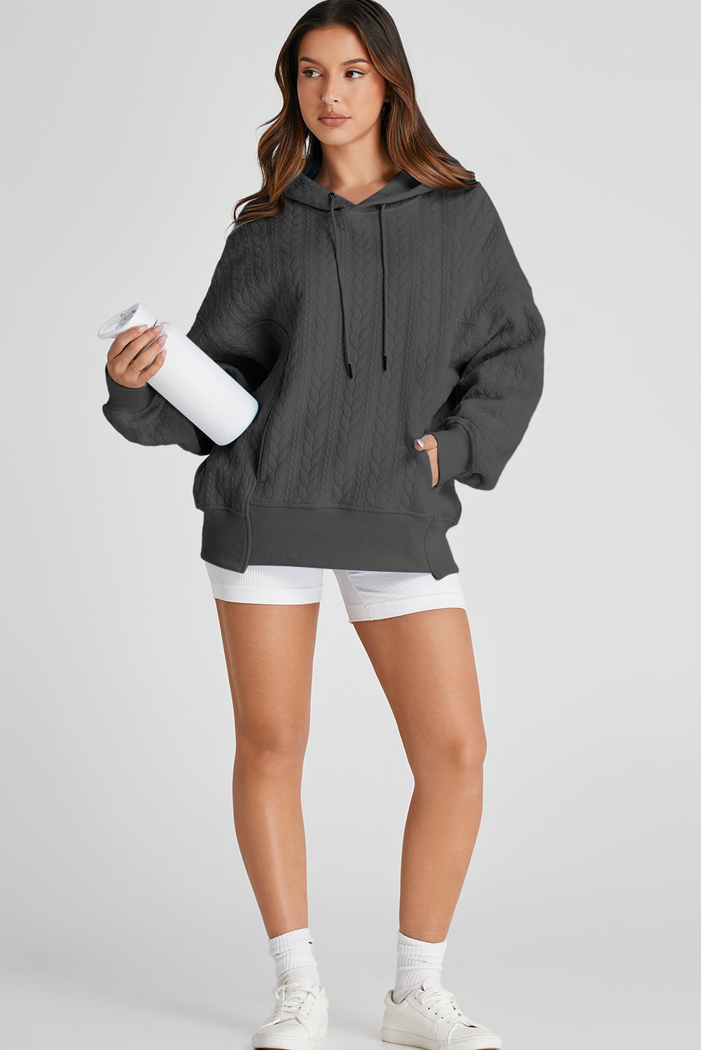 Gray Cable Textured Baggy Solid Hoodie