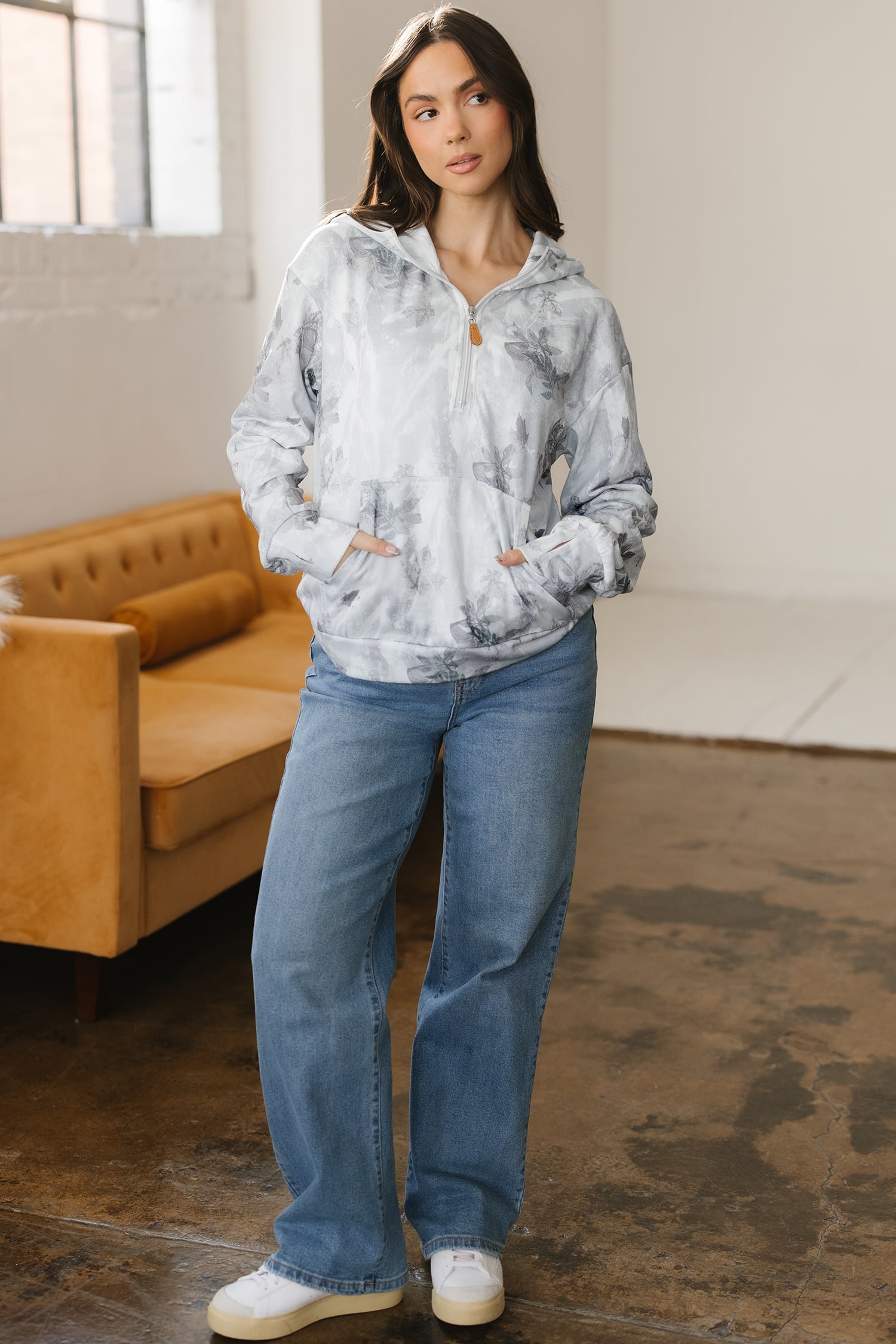 Gray Camo Leaf Print Kangaroo Pocket Quarter Zip Hoodie