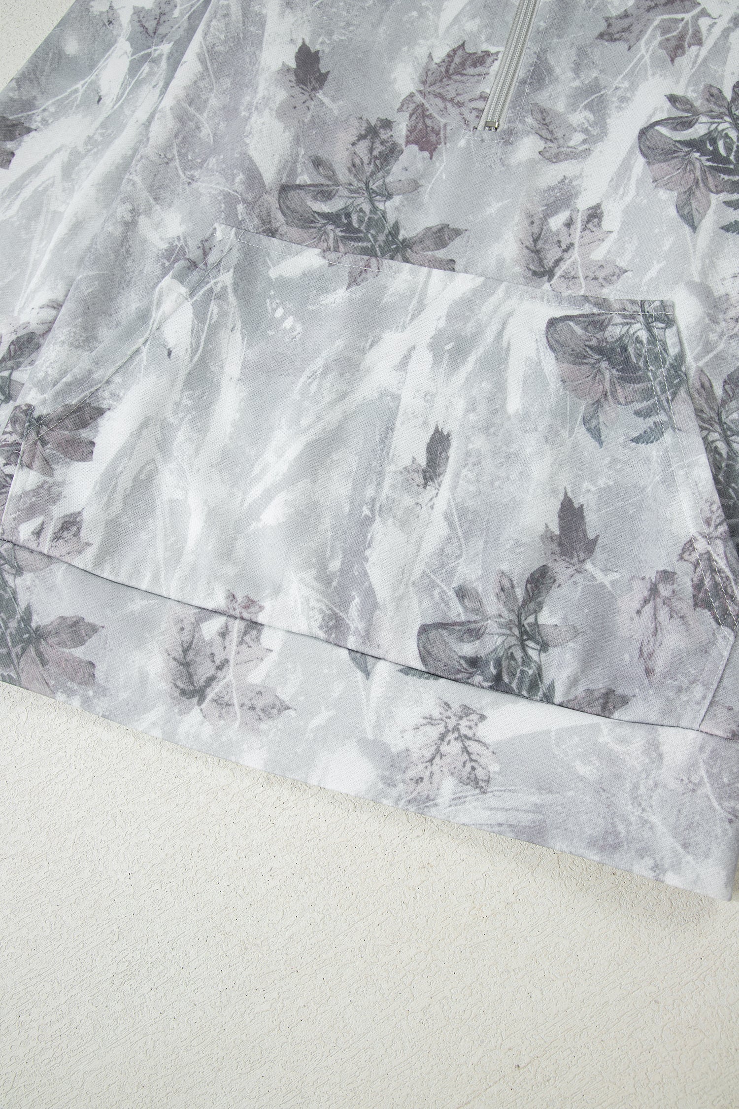 Gray Camo Leaf Print Kangaroo Pocket Quarter Zip Hoodie