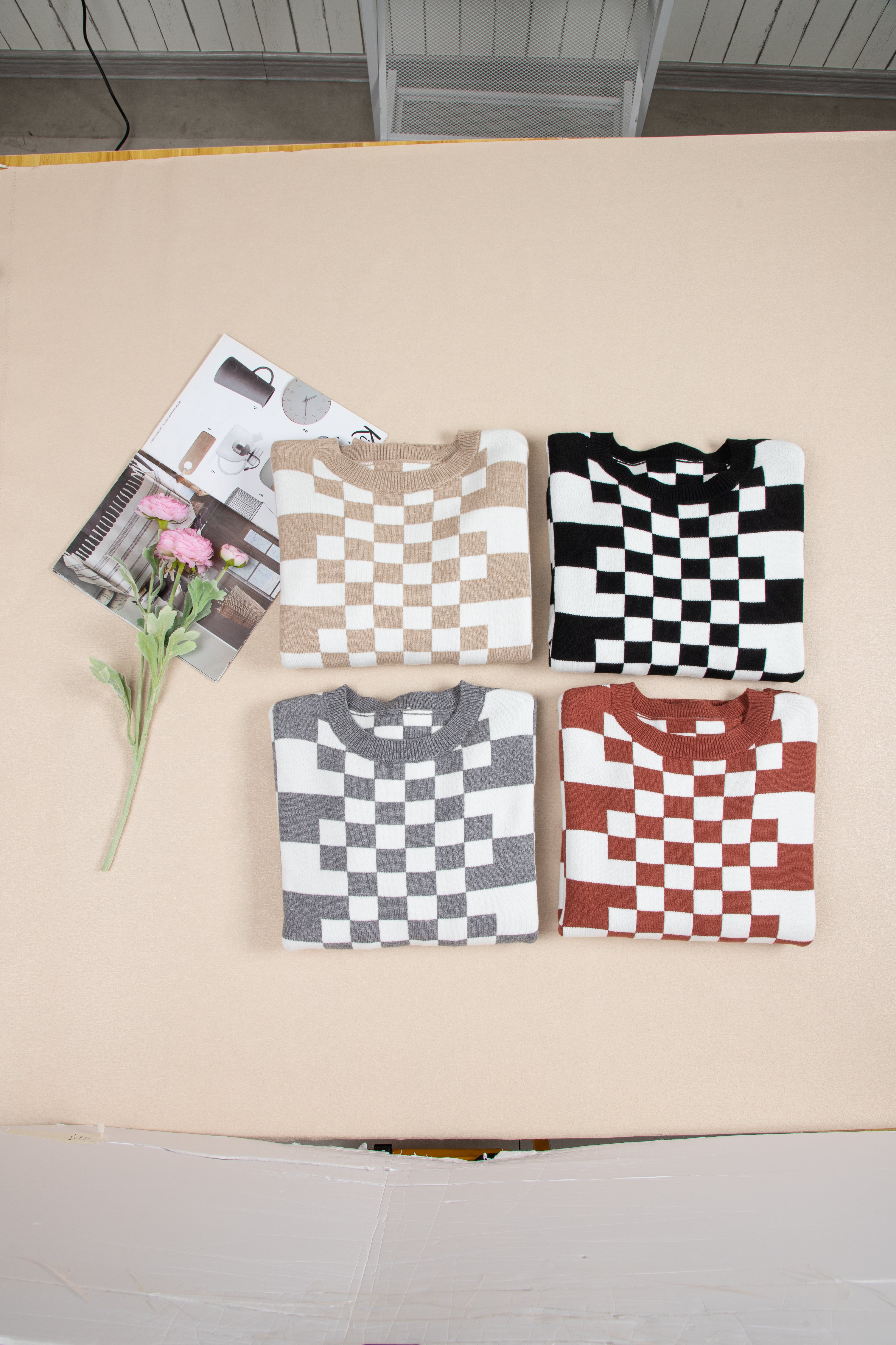 Gray Checkered Print Drop Shoulder Round Neck Sweater