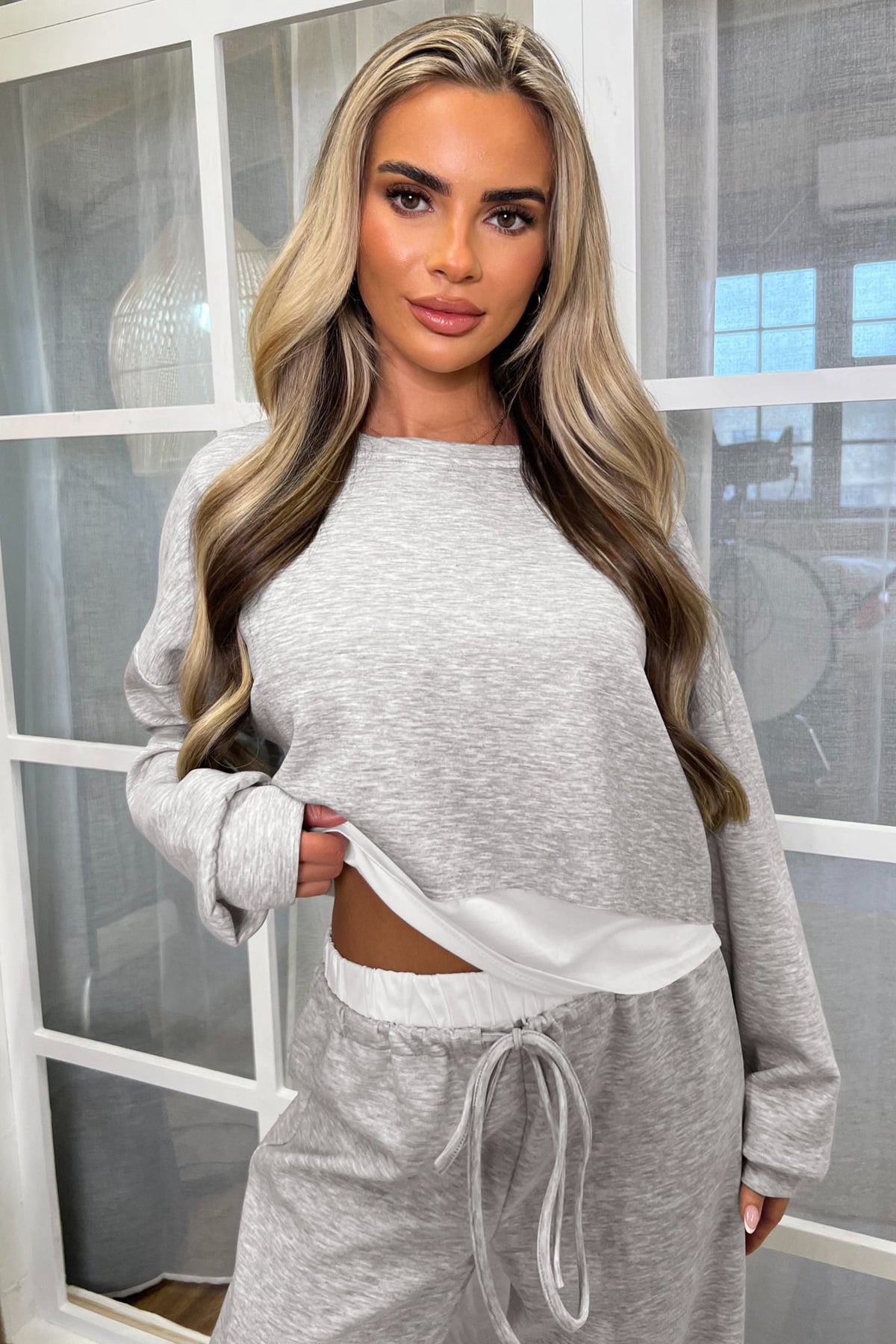 Gray Color Contrast Overlay Long Sleeve Top Drawstring Loose Pant Set