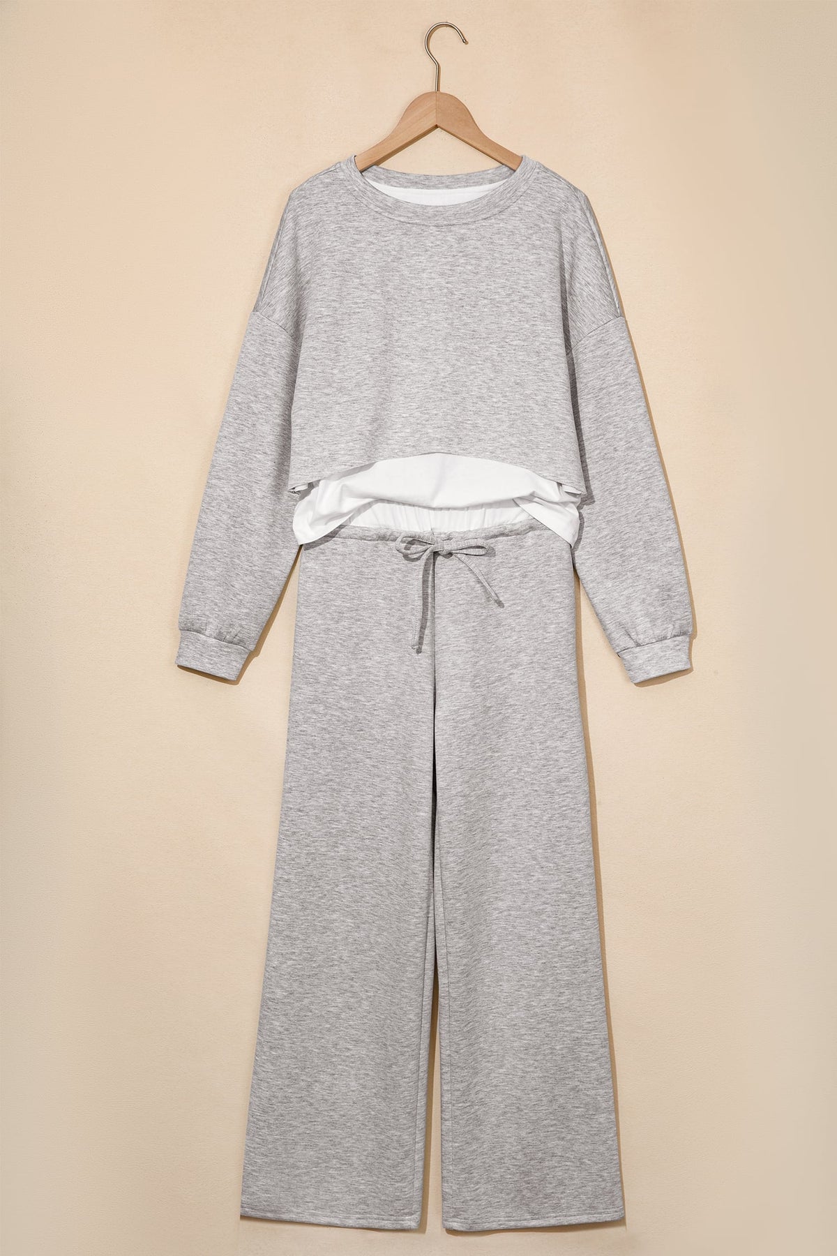 Gray Color Contrast Overlay Long Sleeve Top Drawstring Loose Pant Set