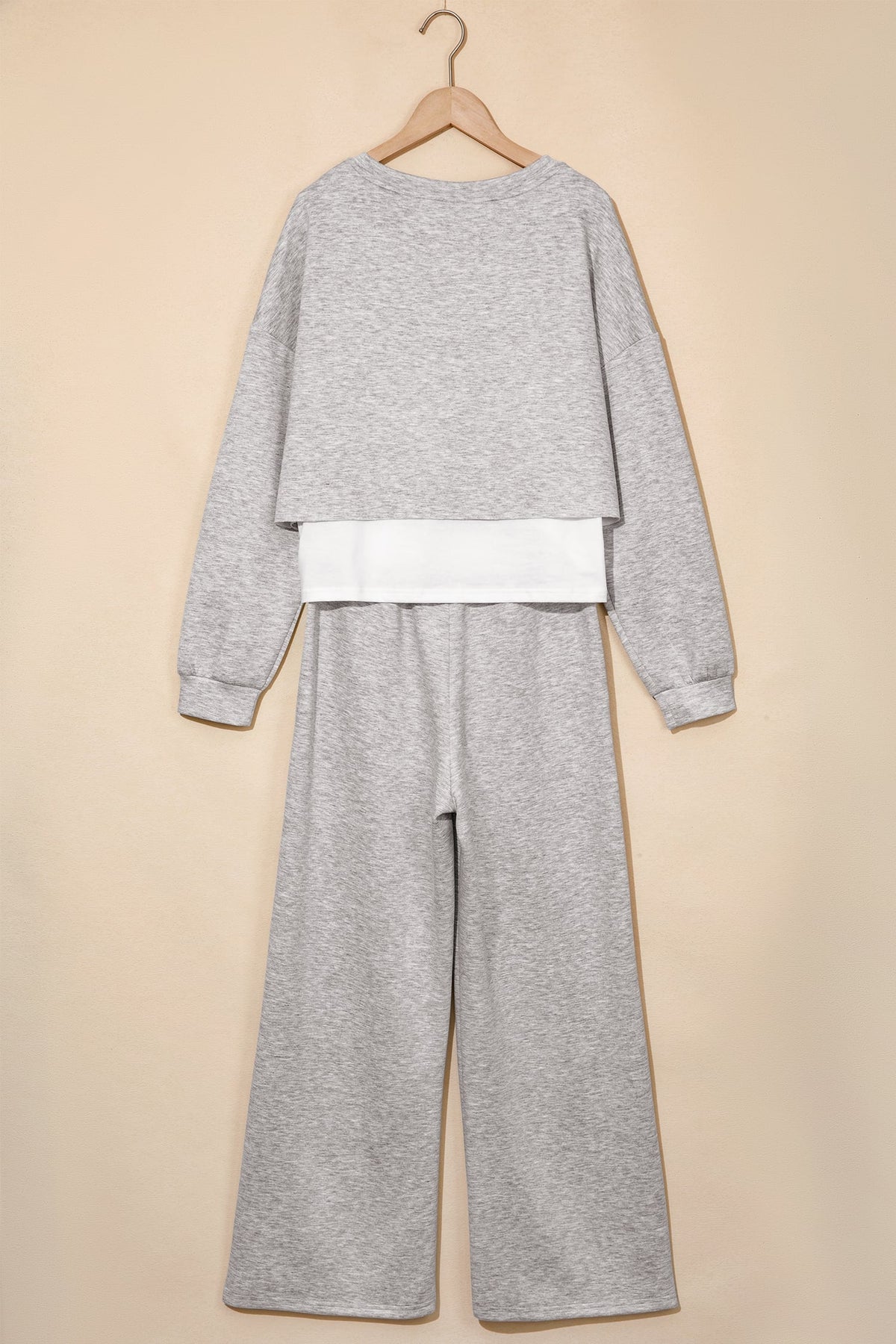 Gray Color Contrast Overlay Long Sleeve Top Drawstring Loose Pant Set