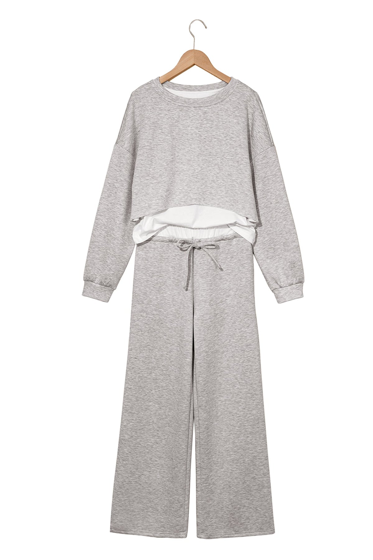 Gray Color Contrast Overlay Long Sleeve Top Drawstring Loose Pant Set