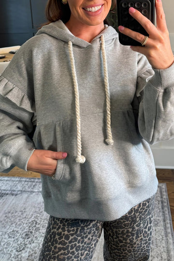 Gray Contrast Rope Drawstring Ruffle Trim Drop Shoulder Baggy Hoodie