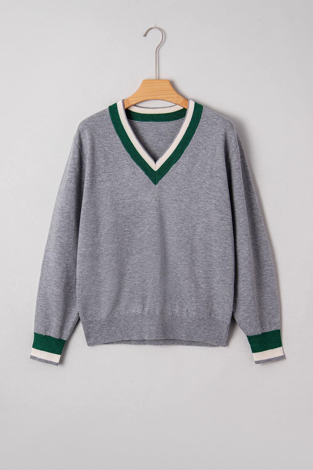 Gray Contrast Striped Trim V Neck Varsity Sweater