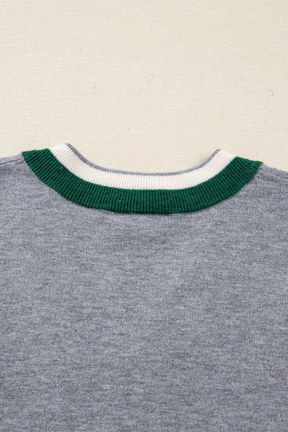 Gray Contrast Striped Trim V Neck Varsity Sweater