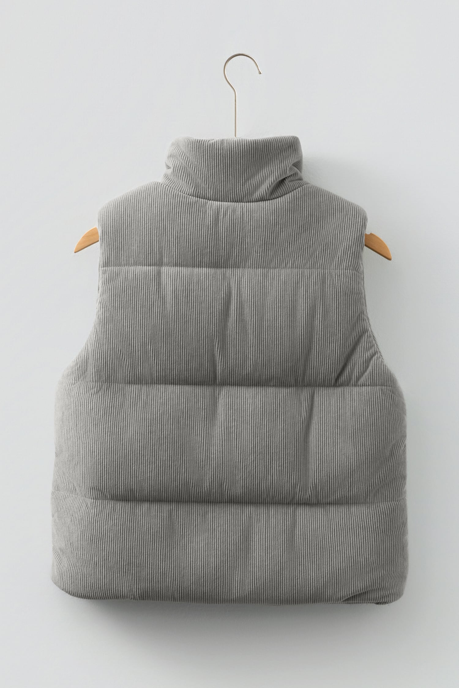 Gray Corduroy Stand Neck Zipped Puffer Vest