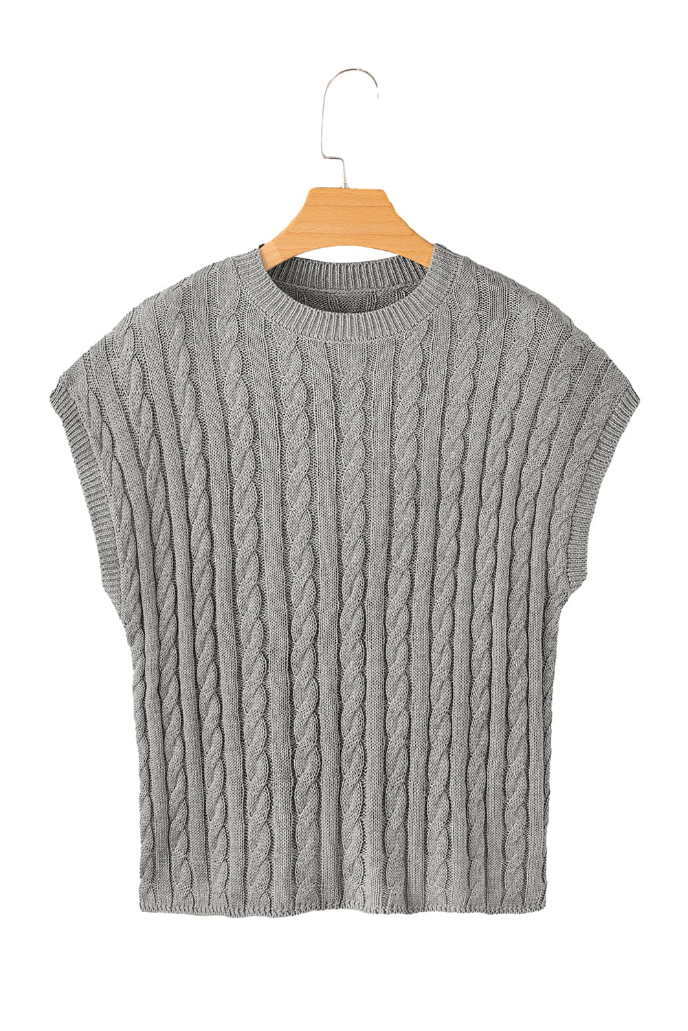 Gray Crew Neck Cable Knit Short Sleeve Sweater