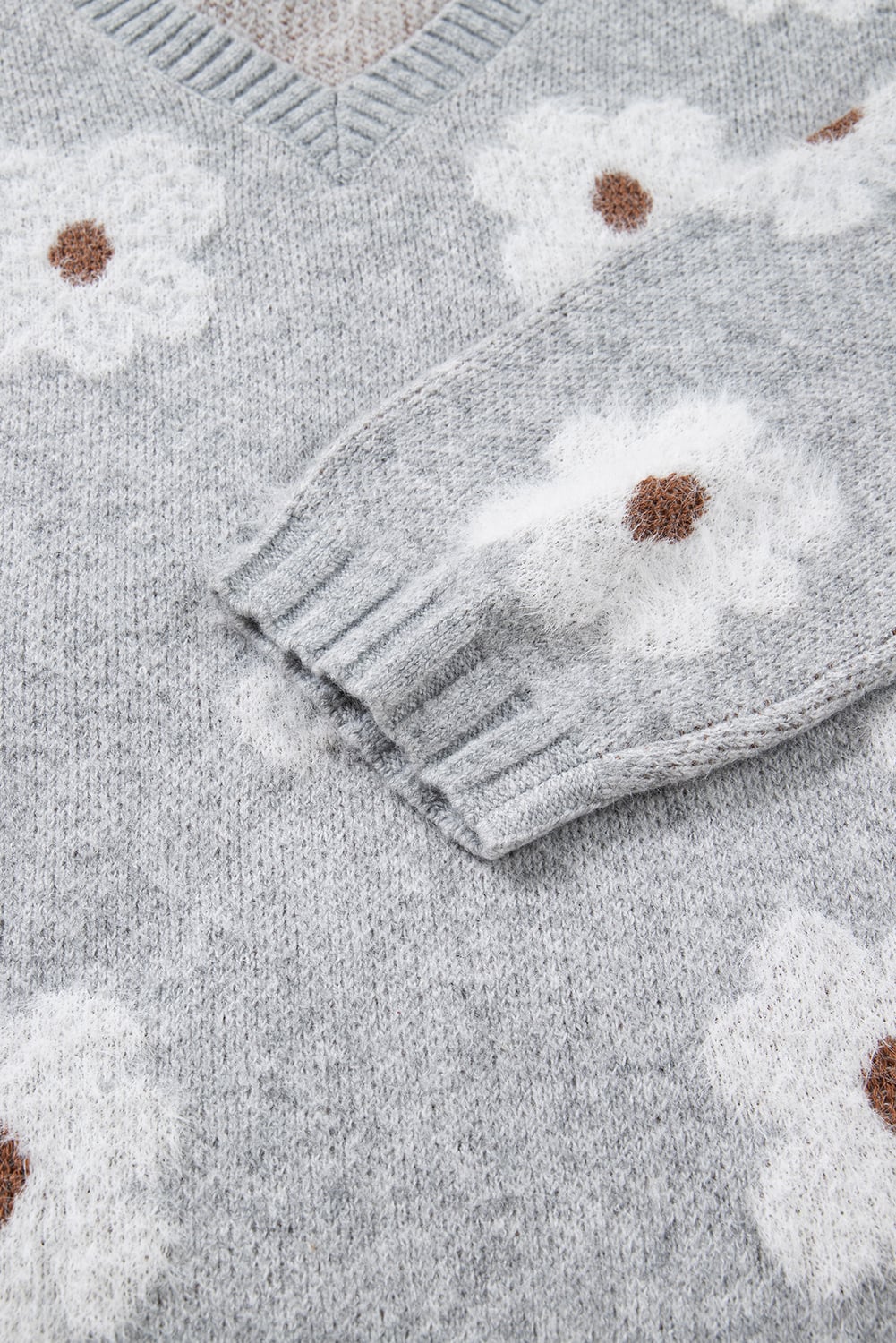 Gray Cute Flower Print V Neck Drop Shoulder Baggy Sweater