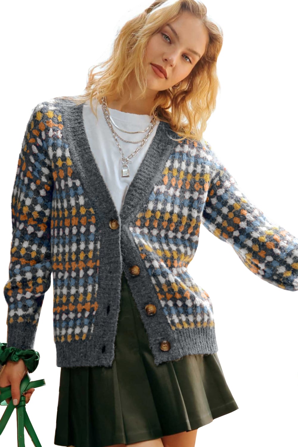 Gray Dotty Pattern Knit Button Front V Neck Sweater Cardigan