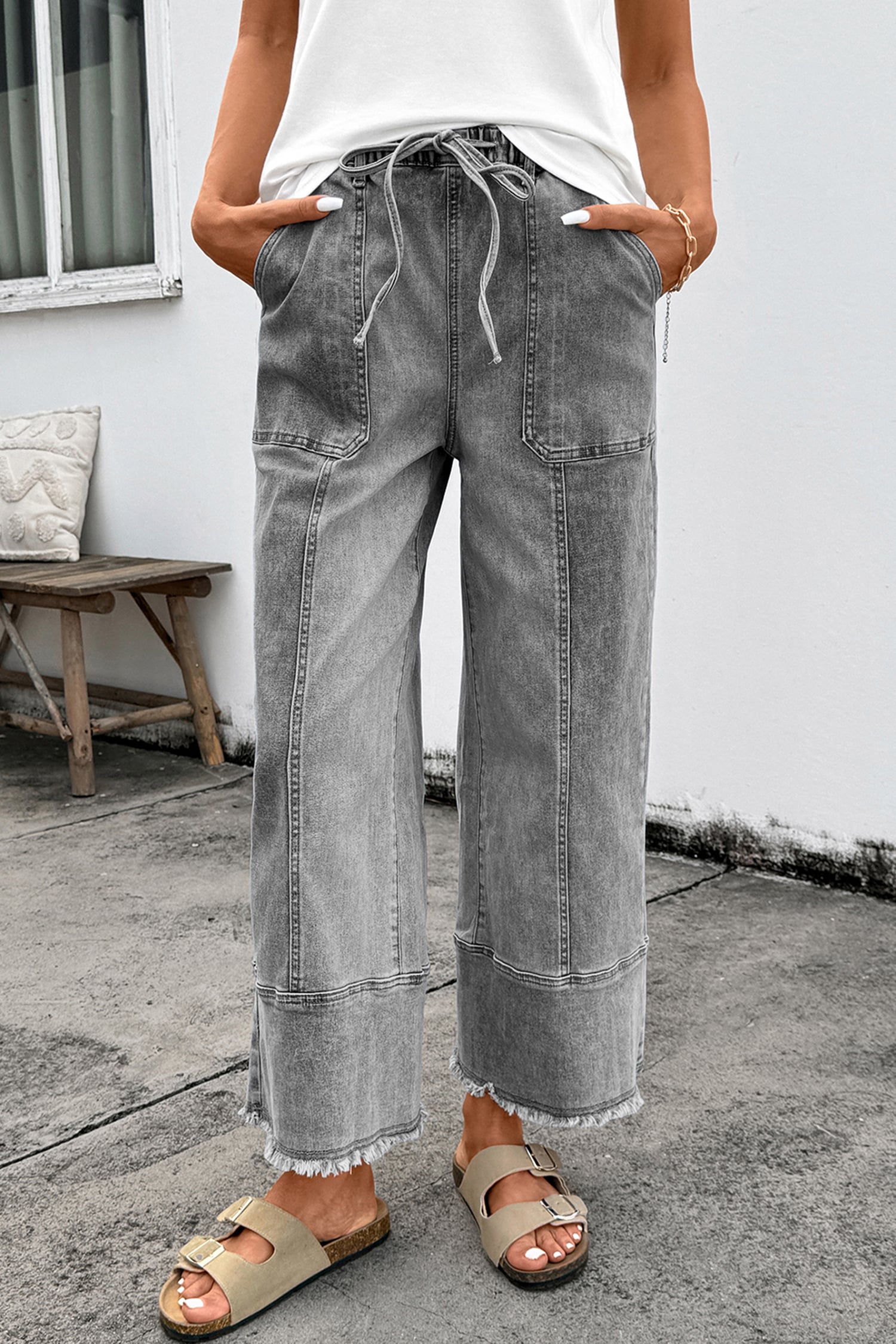 Gray Drawstring Seam Detail Raw Hem Wide Leg Denim Pants