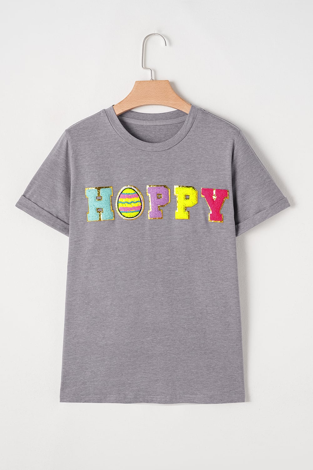 Gray Easter Egg HOPPY Chenille Patched Pattern T Shirt