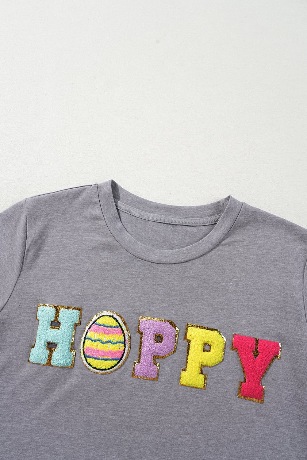 Gray Easter Egg HOPPY Chenille Patched Pattern T Shirt