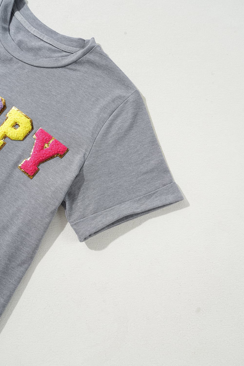 Gray Easter Egg HOPPY Chenille Patched Pattern T Shirt
