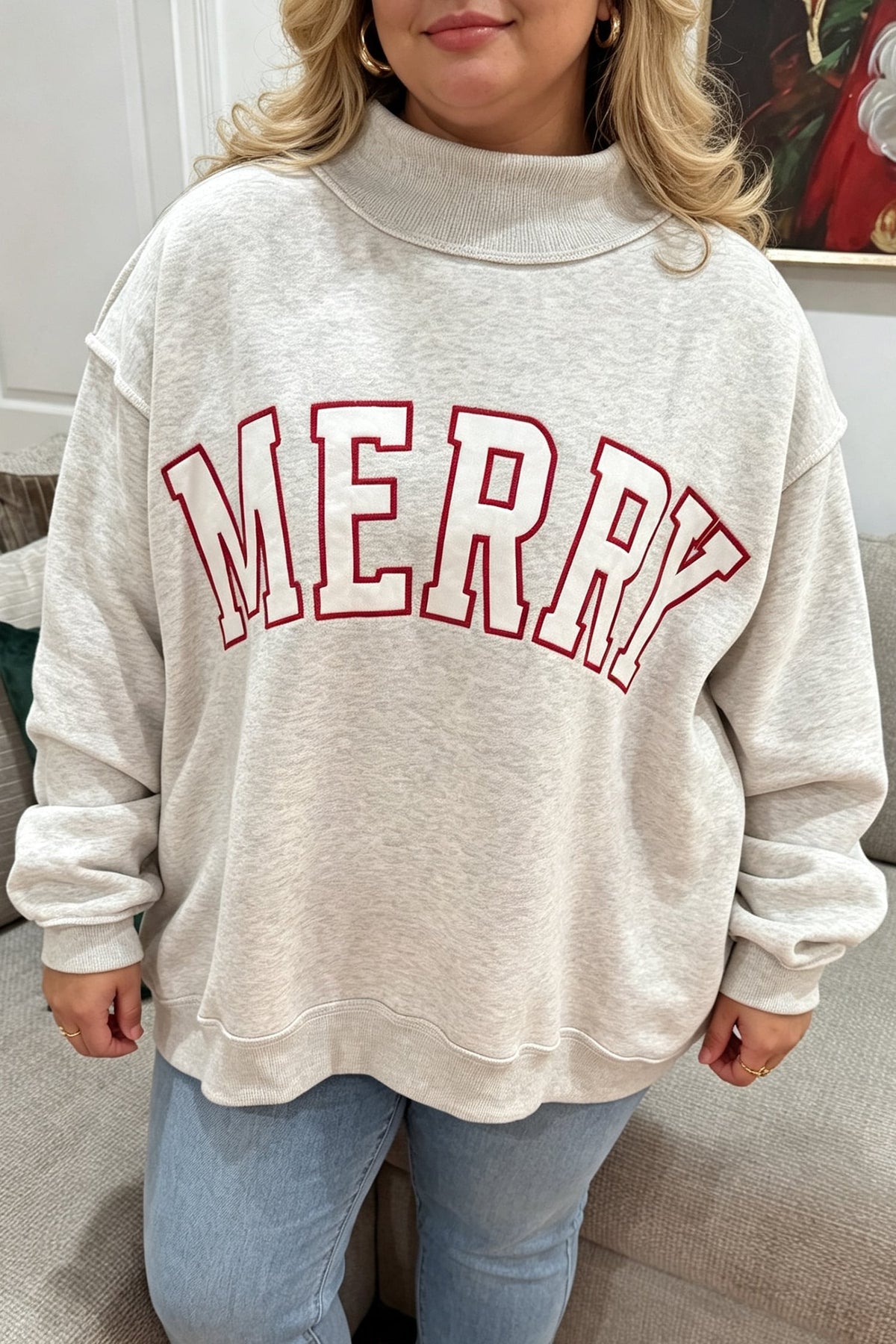 Gray Embroidered Merry Letter Print Mock Neck Plus Size Sweatshirt