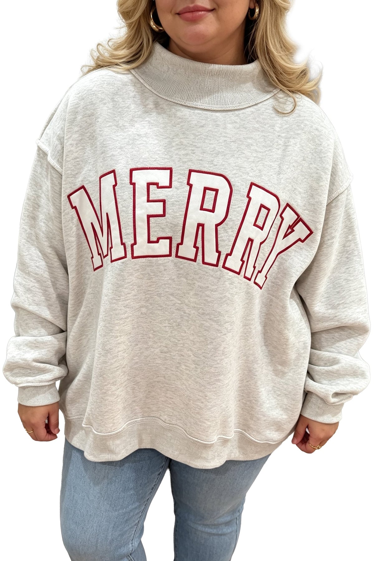 Gray Embroidered Merry Letter Print Mock Neck Plus Size Sweatshirt
