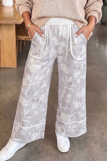 Gray Floral Print Wide Leg Ankle-Length Elastic Waistband Pants