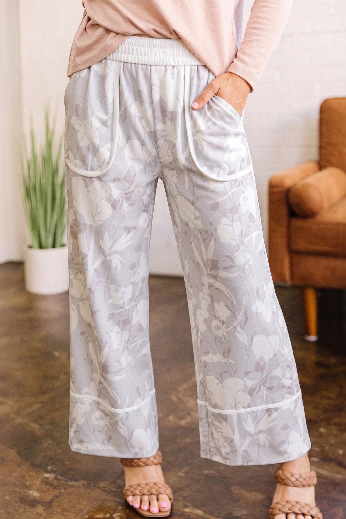 Gray Floral Print Wide Leg Ankle-Length Elastic Waistband Pants