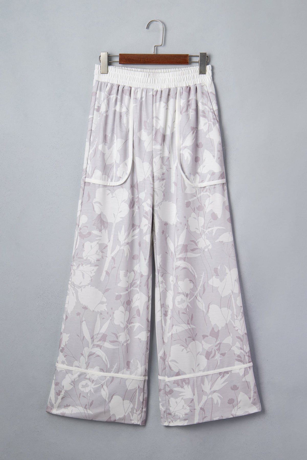 Gray Floral Print Wide Leg Ankle-Length Elastic Waistband Pants