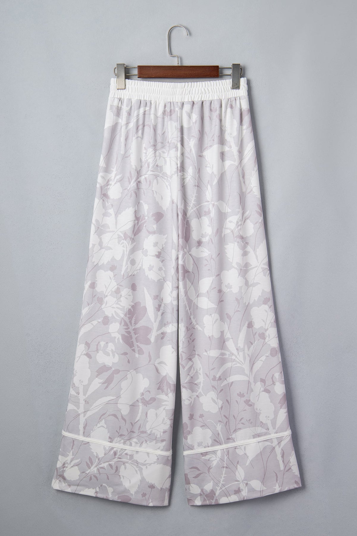 Gray Floral Print Wide Leg Ankle-Length Elastic Waistband Pants