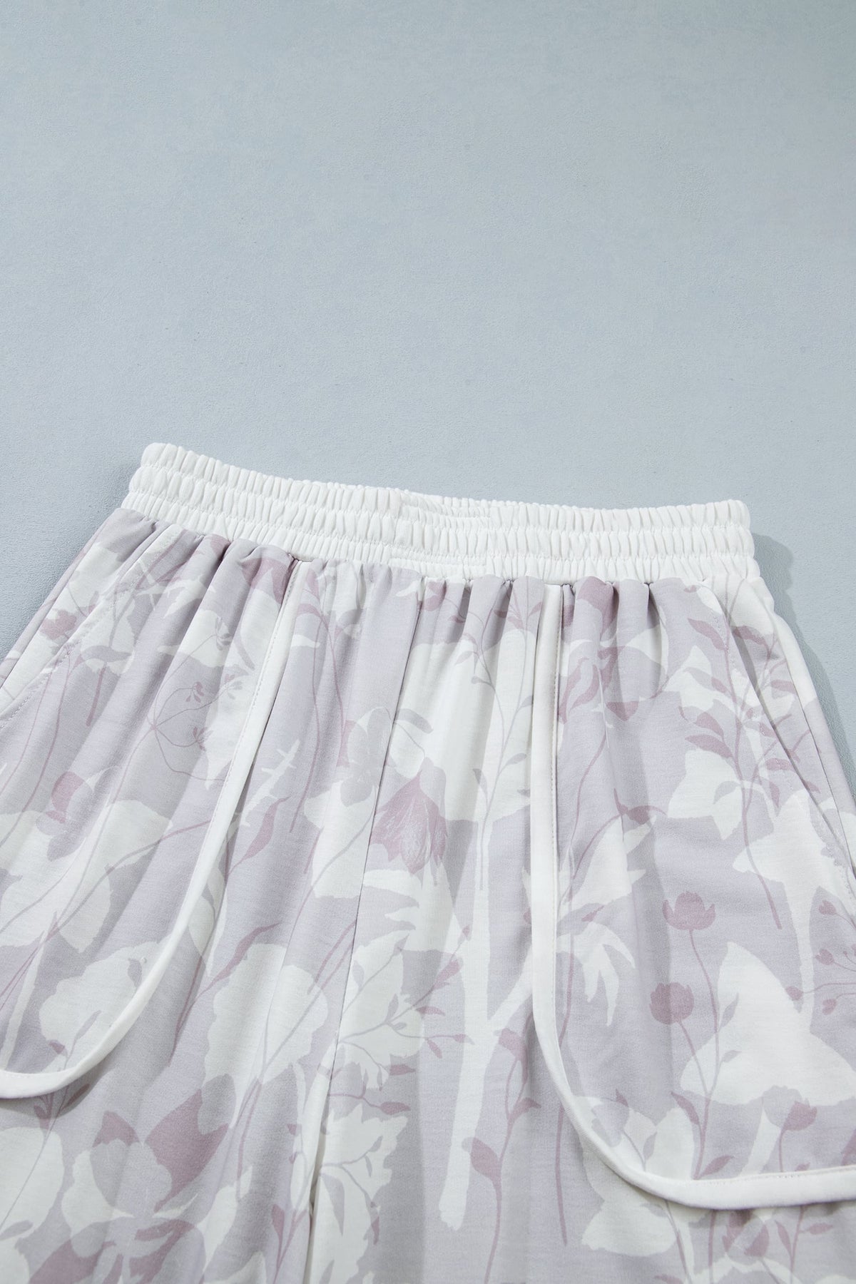 Gray Floral Print Wide Leg Ankle-Length Elastic Waistband Pants