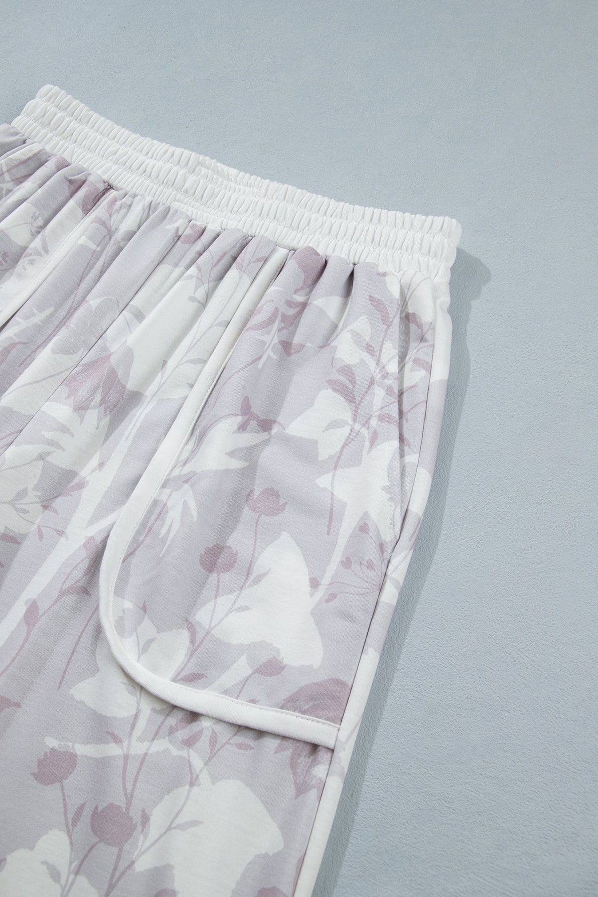 Gray Floral Print Wide Leg Ankle-Length Elastic Waistband Pants
