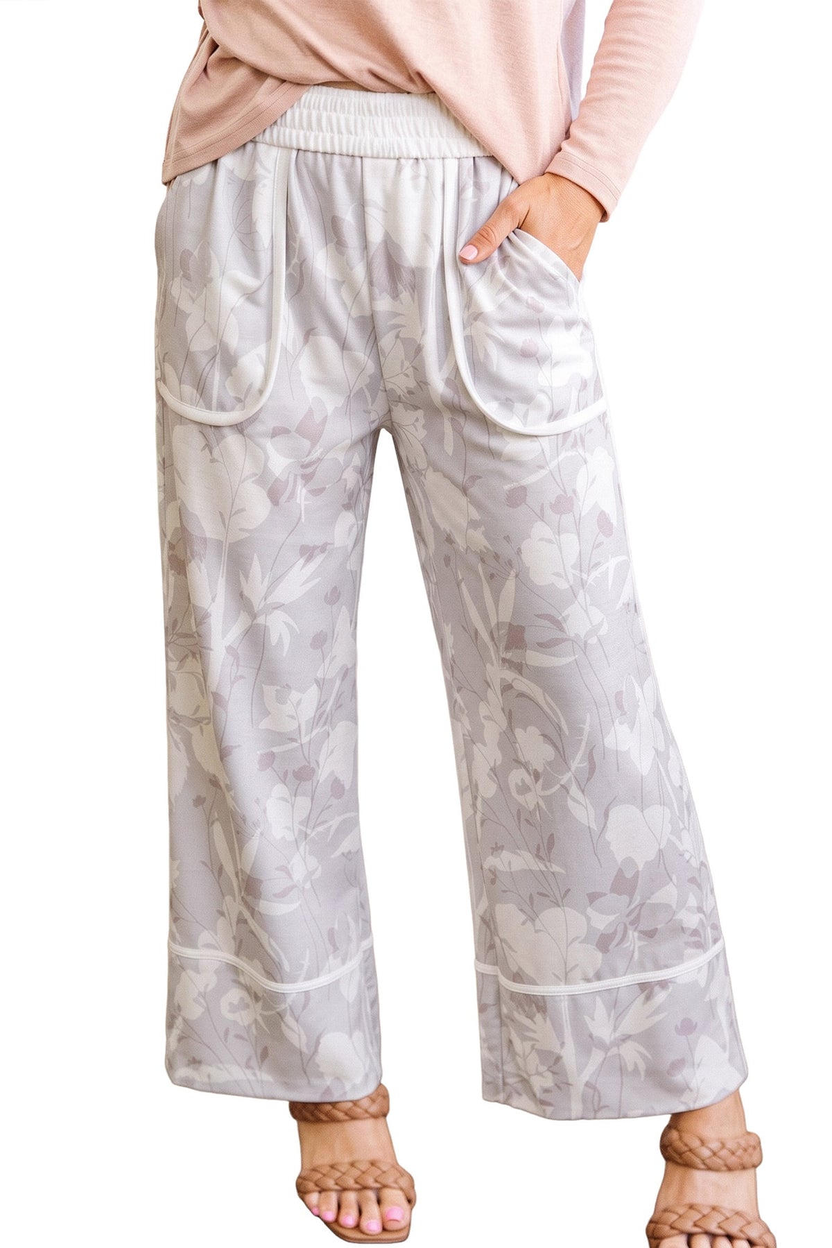 Gray Floral Print Wide Leg Ankle-Length Elastic Waistband Pants