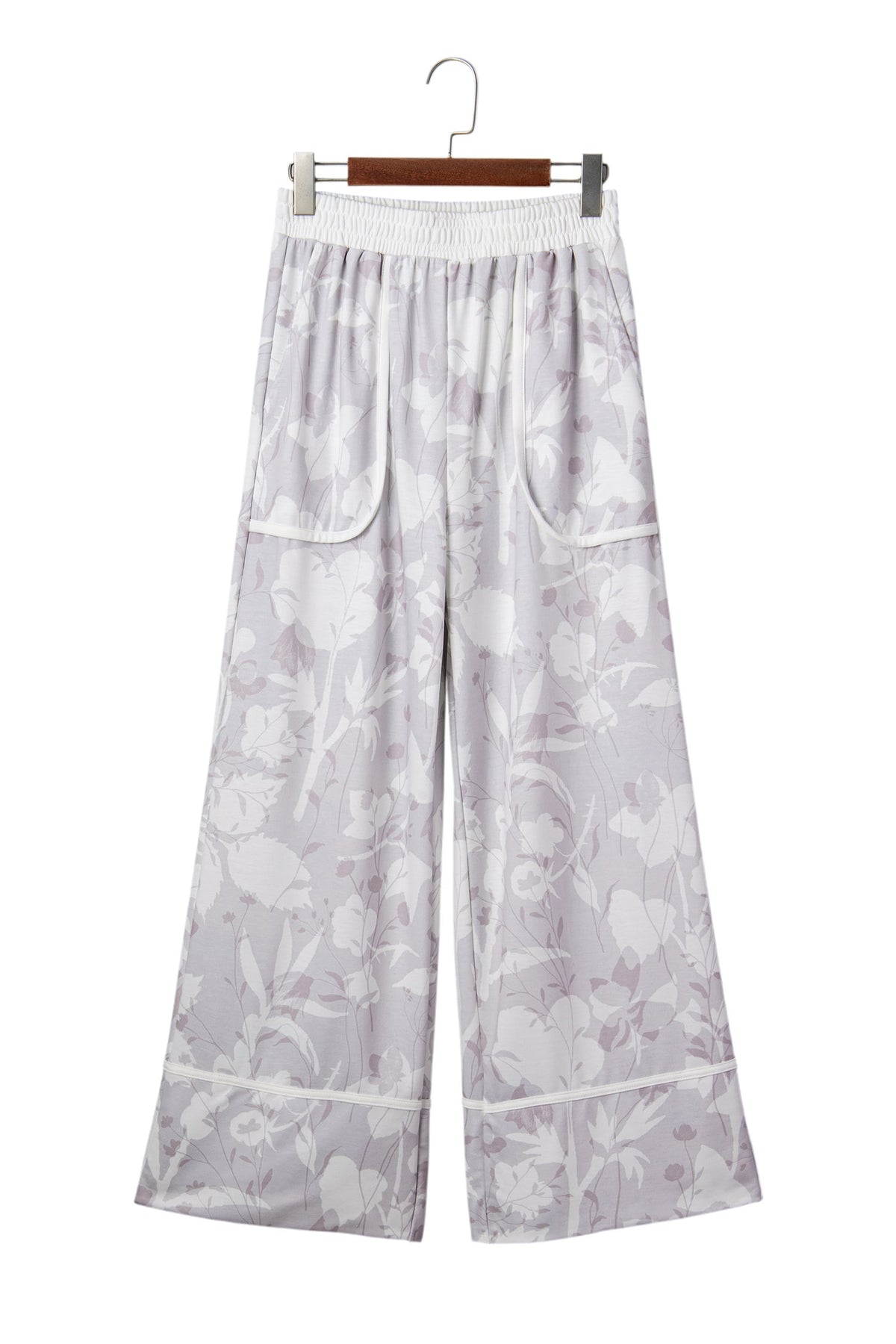 Gray Floral Print Wide Leg Ankle-Length Elastic Waistband Pants